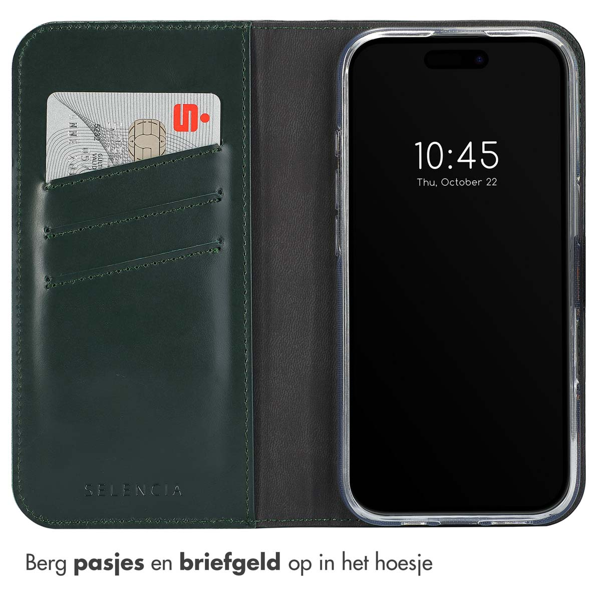Ein Telefon in einer Folio-Hülle mit Kartenfach. Der Bildschirm zeigt Uhrzeit und Datum an. Die Hülle ist grün.