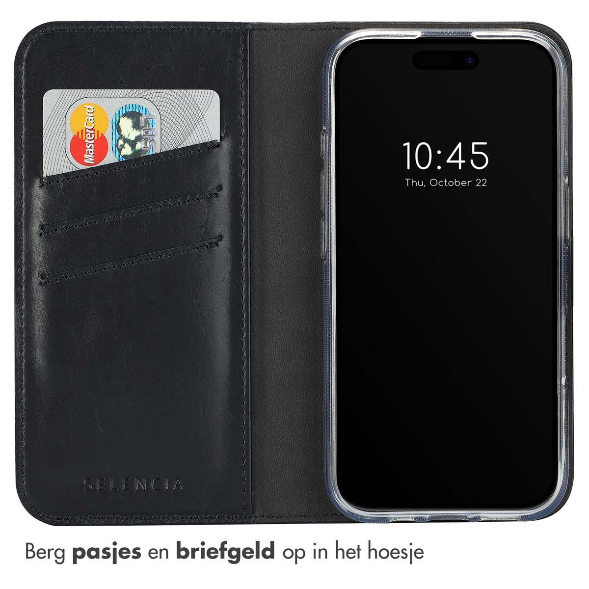 Zwarte leren telefoonportemonnee met een telefoon en een creditcard erin. Tekst onderaan is in het Nederlands.