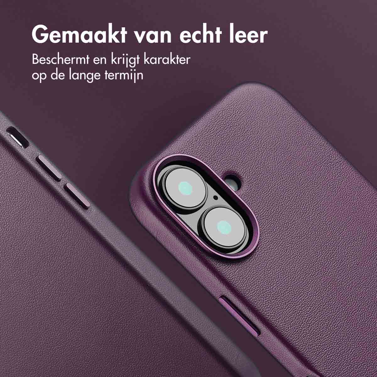 Paarse telefoonhoes van echt leer, met uitsparingen voor de camera.