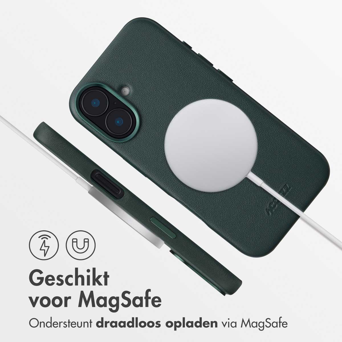 Groene telefoonhoes met een witte MagSafe-oplader. Tekst zegt dat het geschikt is voor MagSafe.