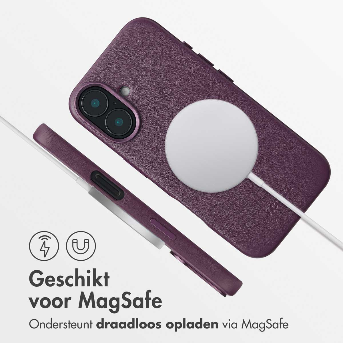 Paarse telefoonhoes met een witte MagSafe cirkel, tekst: MagSafe.