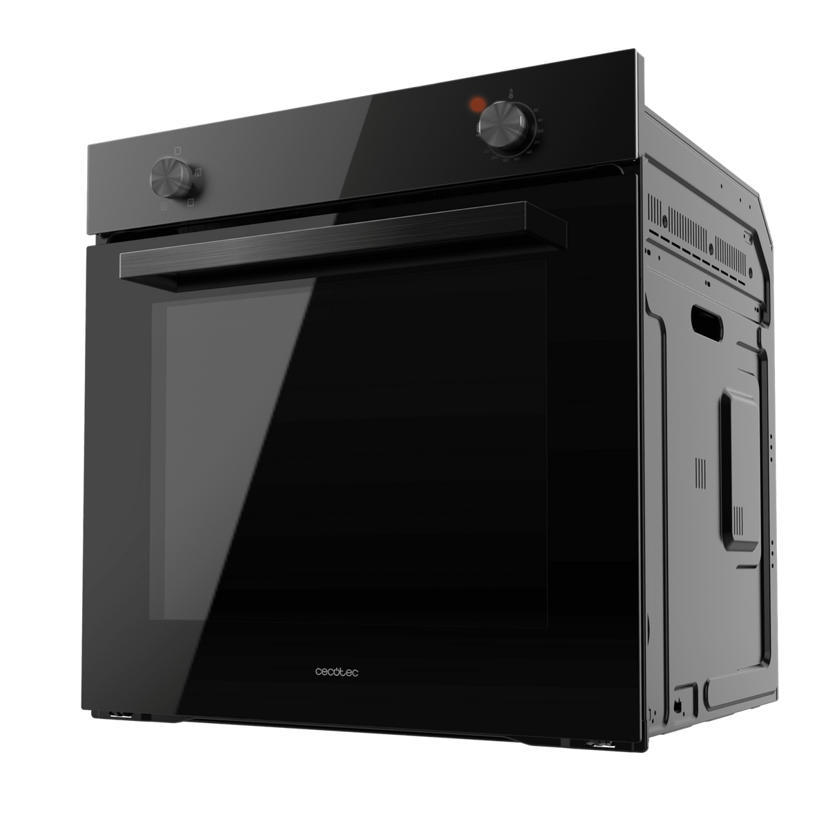 Czarny piekarnik ze szklanymi drzwiami. Ma pokrętła i markę "cecotec".