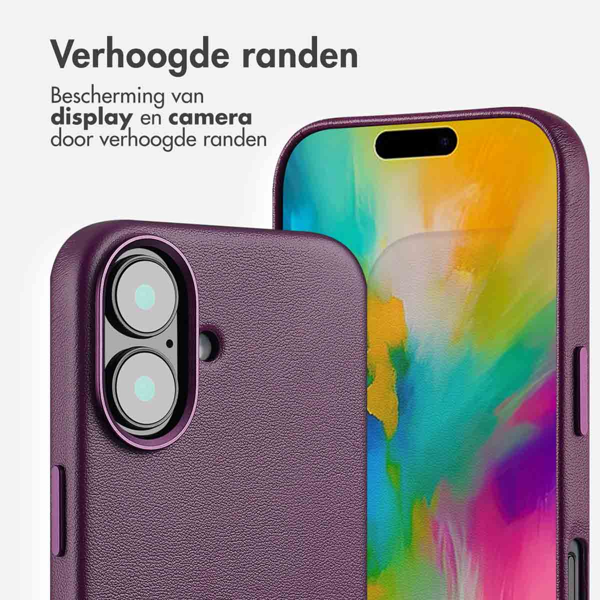 Close-up van een paarse telefoonhoes. Tekst: 'Verhoogde randen' voor scherm- en camerabescherming.