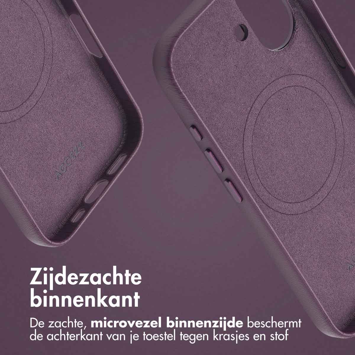 Een close-up van een paarse telefoonhoes met een zachte binnenkant. De hoes wordt getoond met witte tekst.