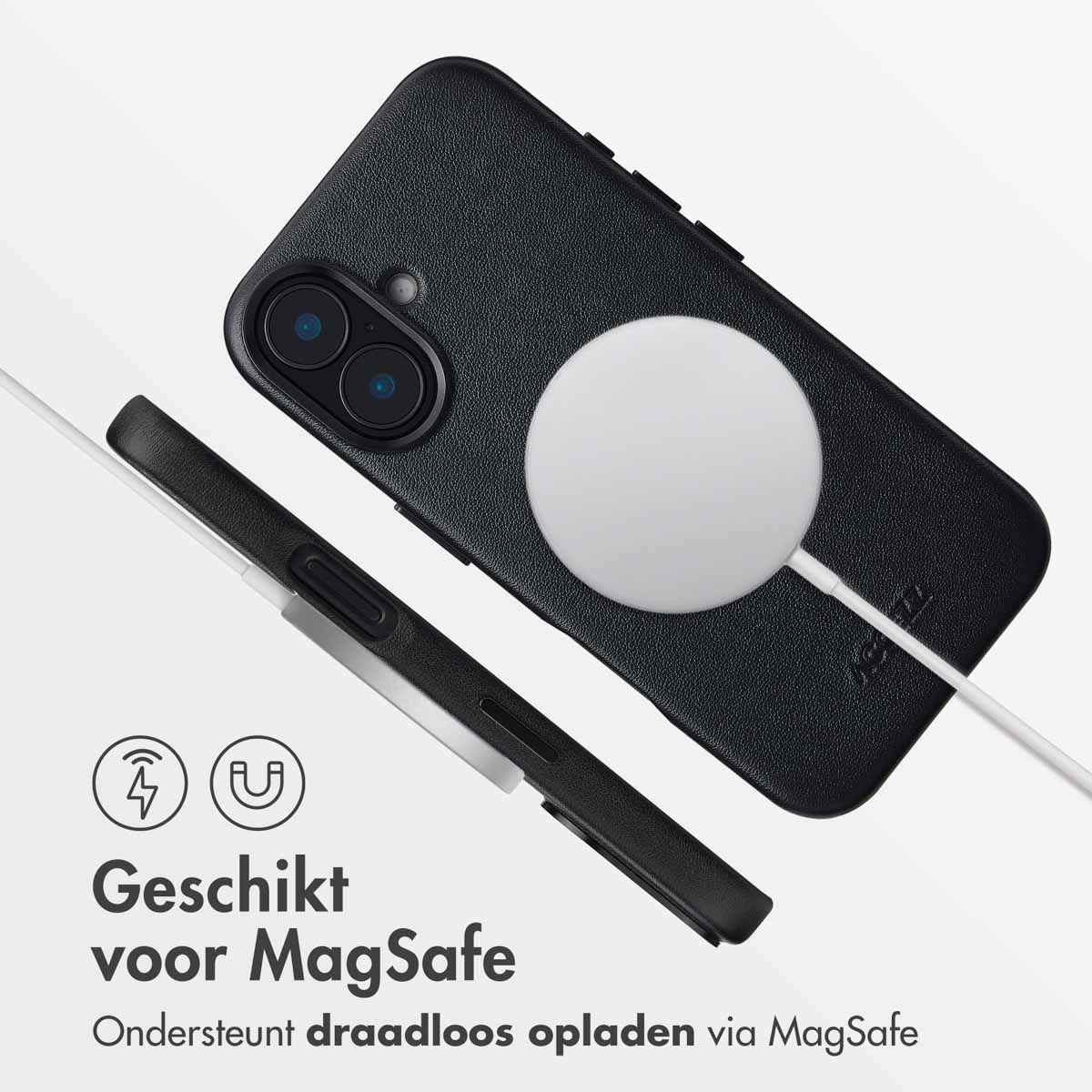 Een zwarte telefoonhoes met een witte MagSafe-oplader. Witte kabel en tekst aan de onderkant.