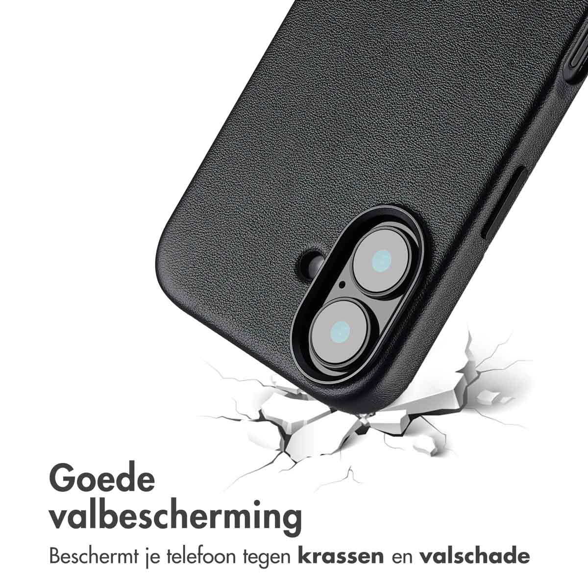 Een zwart telefoonhoesje wordt laten vallen, met scheuren die uitstralen vanaf het impactpunt. De tekst zegt 'Goede valbescherming'.