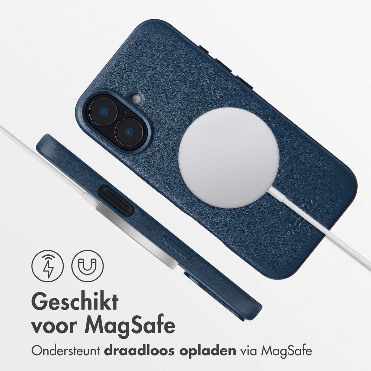Coque de téléphone bleue avec un cercle blanc. Texte : Convient pour MagSafe.