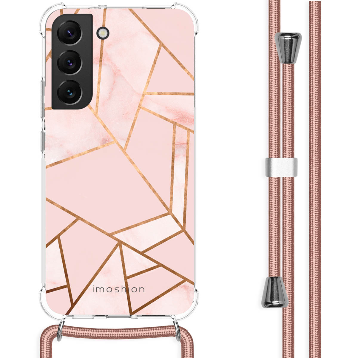 Coque de téléphone rose avec design géométrique doré et lanière assortie.