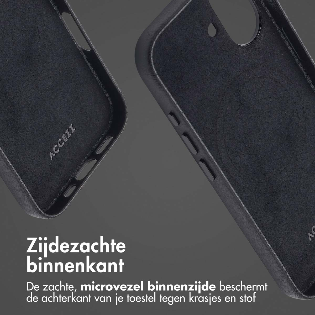 Twee zwarte telefoonhoesjes, één met tekst, op een grijze ondergrond. Tekst: 'Zijdezachte binnenkant'.