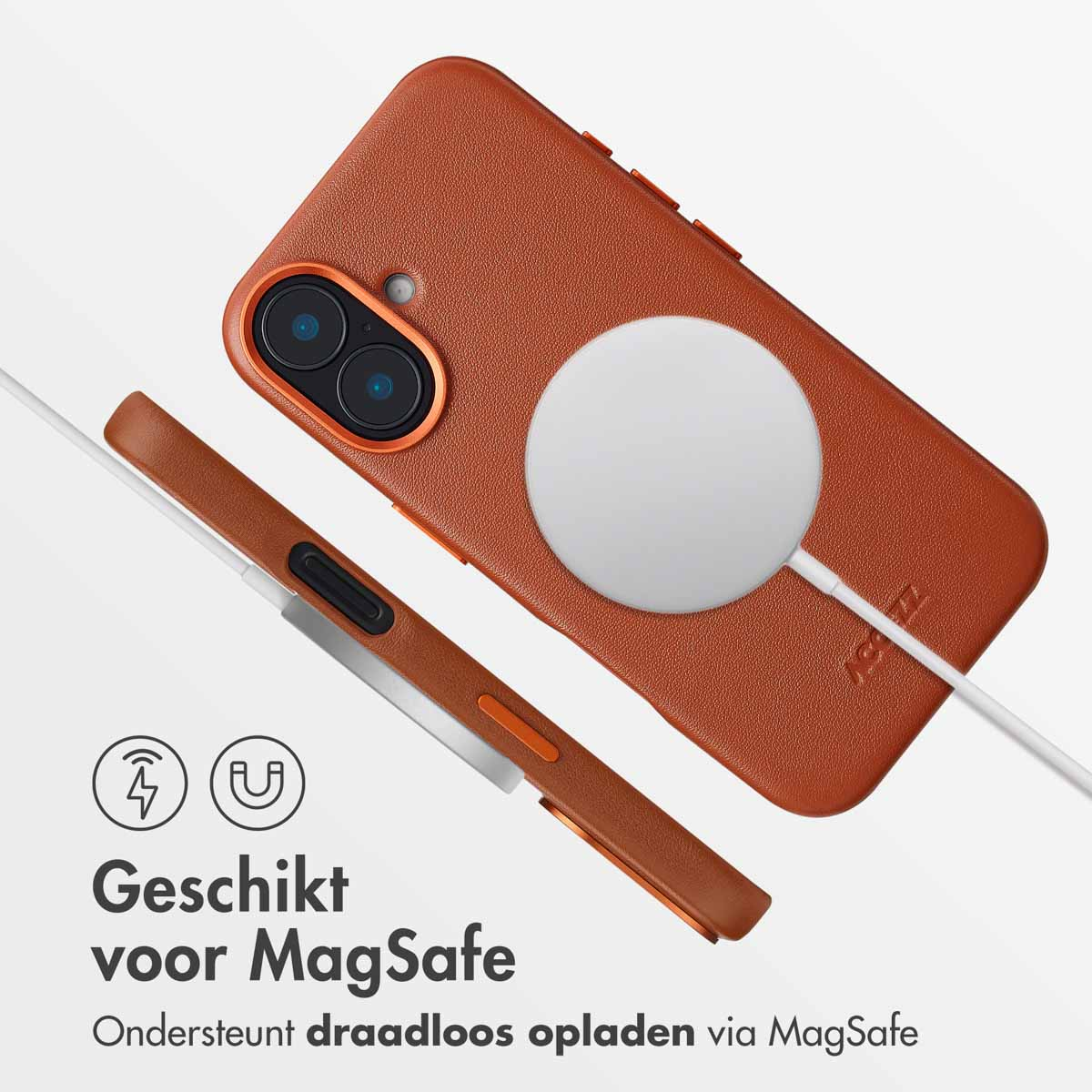 Een bruine telefoonhoes met een witte oplaadcirkel op de achterkant en een kabel.
