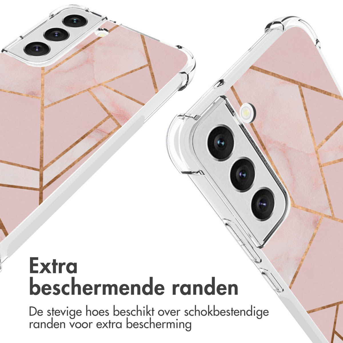 Gros plan sur une coque de téléphone avec design marbre rose et lignes dorées, vue en angle.