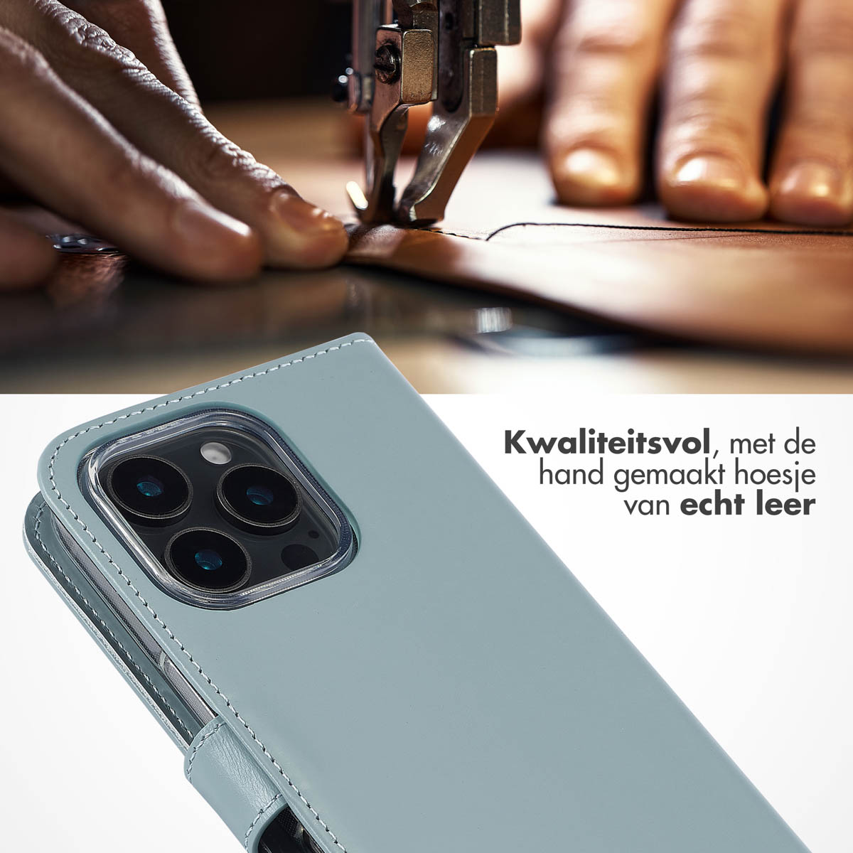 Eine blaue Handyhülle, die von einer Hand mit einer Nähmaschine genäht wird. Der Text lautet: 