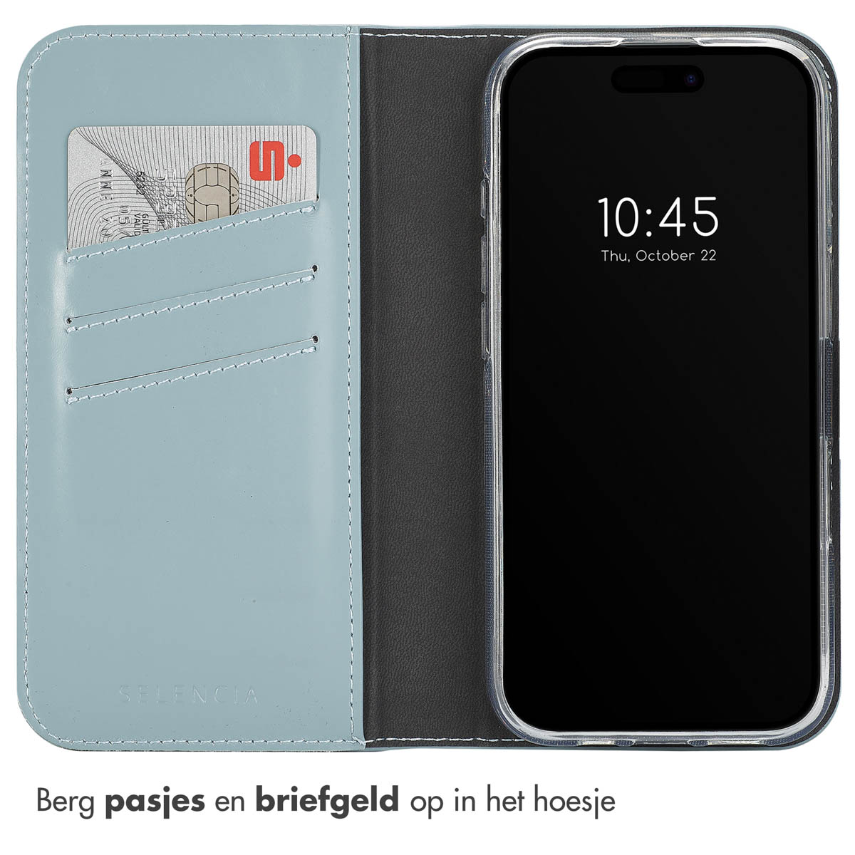 Blaue Handyhülle mit Kartenfächern und Handy mit Uhrzeit. Kreditkarte im Fach.
