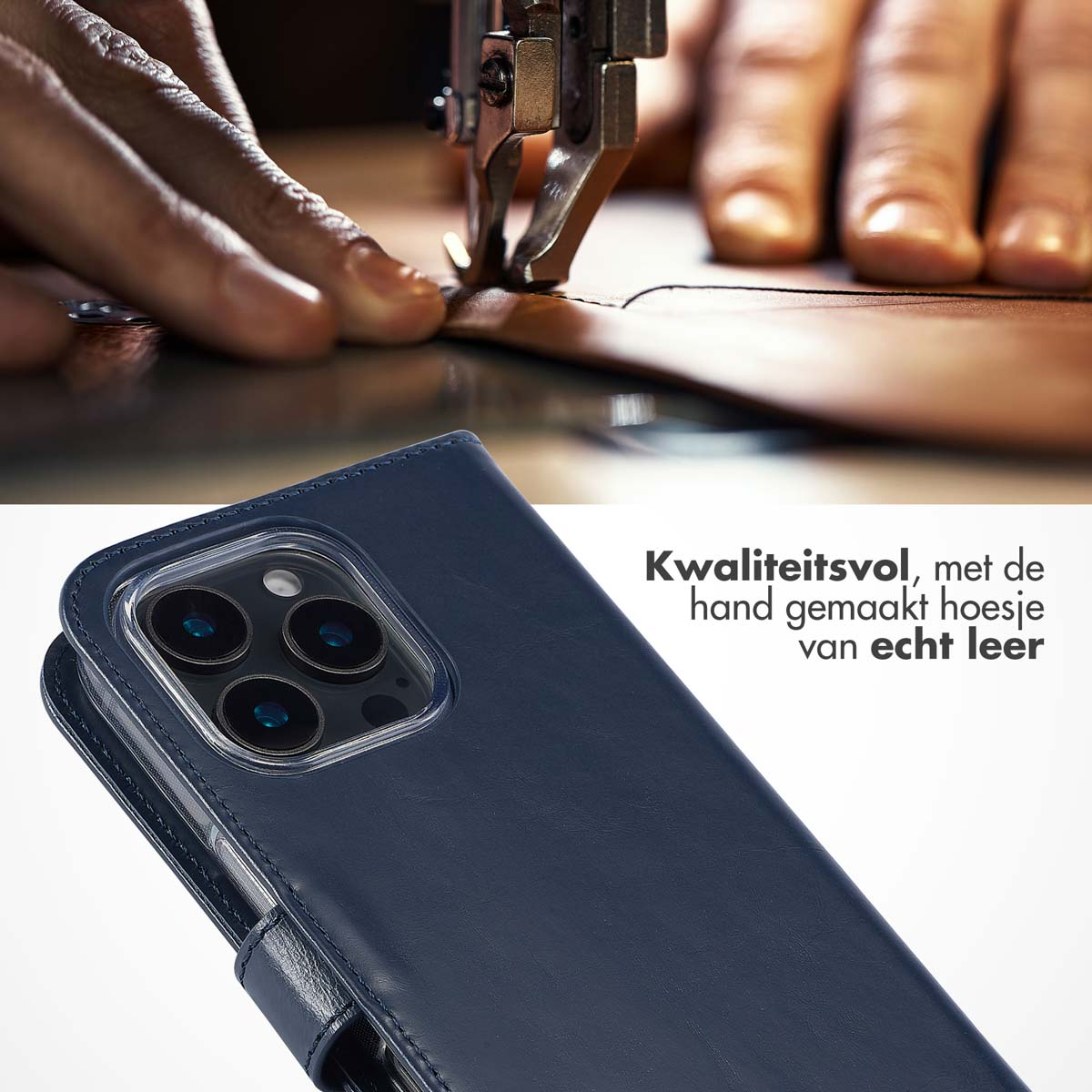 Eine Person näht Leder für eine Handyhülle. Die Hülle ist blau und hat ein Telefon darin.