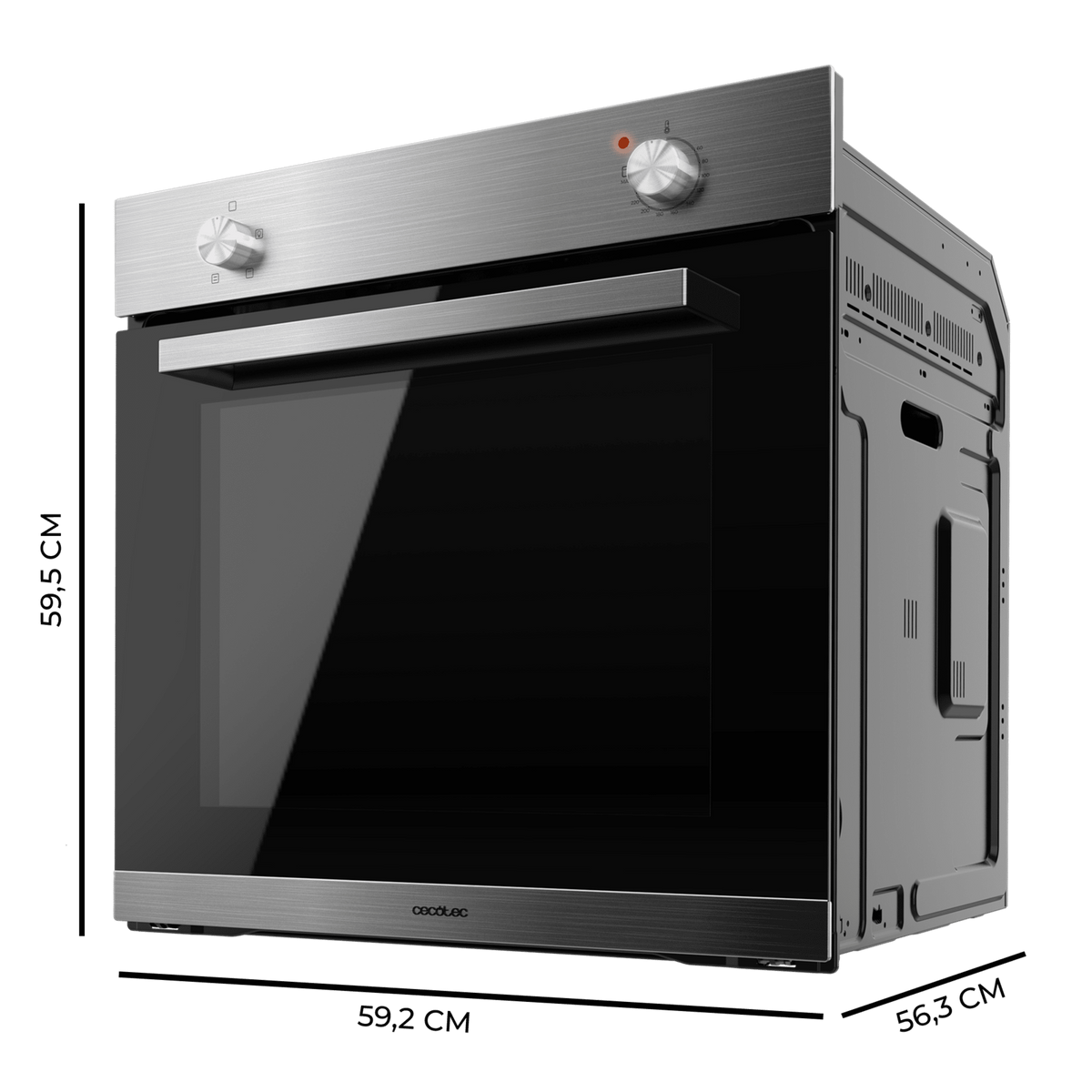 Horno plateado con puerta de vidrio negro. Perillas y dimensiones visibles. Fondo negro. Diseño de acero inoxidable.