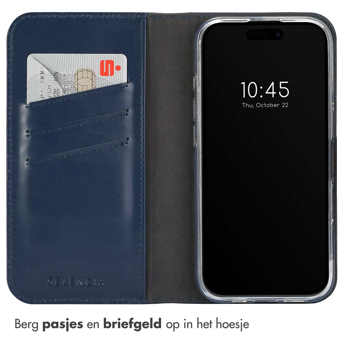 Geöffnete Handyhülle mit Telefon und Kartenfächern. Der Bildschirm zeigt die Uhrzeit.