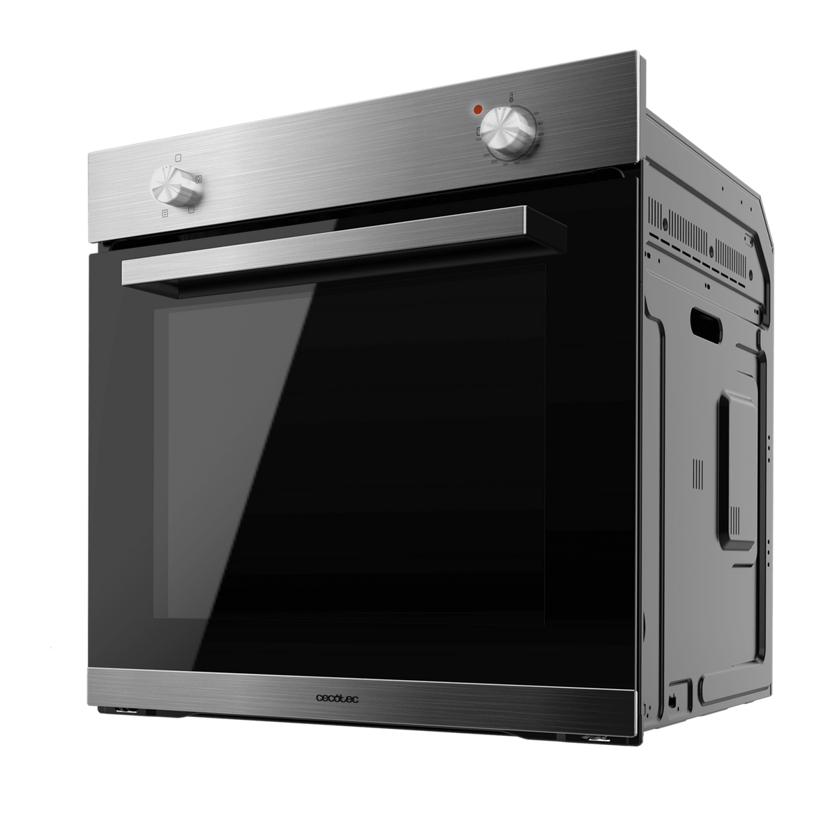 Un horno plateado con puerta negra, perillas y manija en el frente.