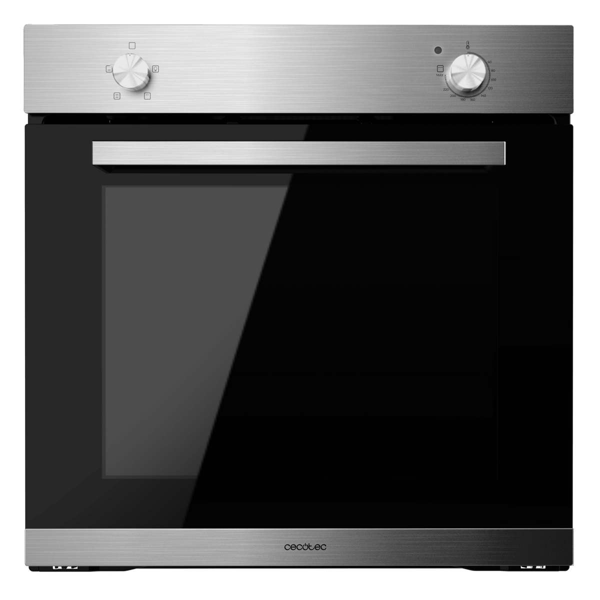 Un horno de acero inoxidable con puerta de vidrio negro y perillas de control en la parte superior.