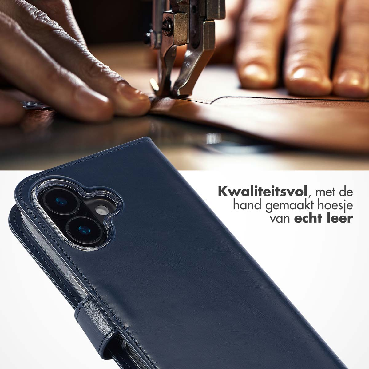 Close-up van een blauwe leren telefoonhoes met een telefoon erin. Naaimachine op de achtergrond.