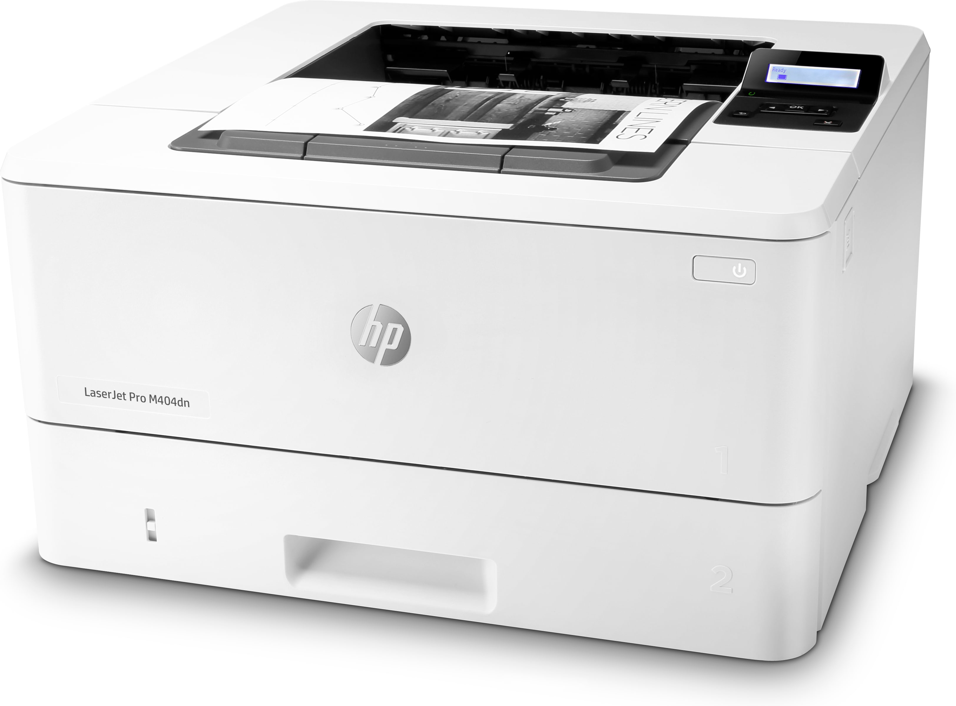 Ein weißer HP LaserJet Pro M404dn Drucker auf weißem Hintergrund.