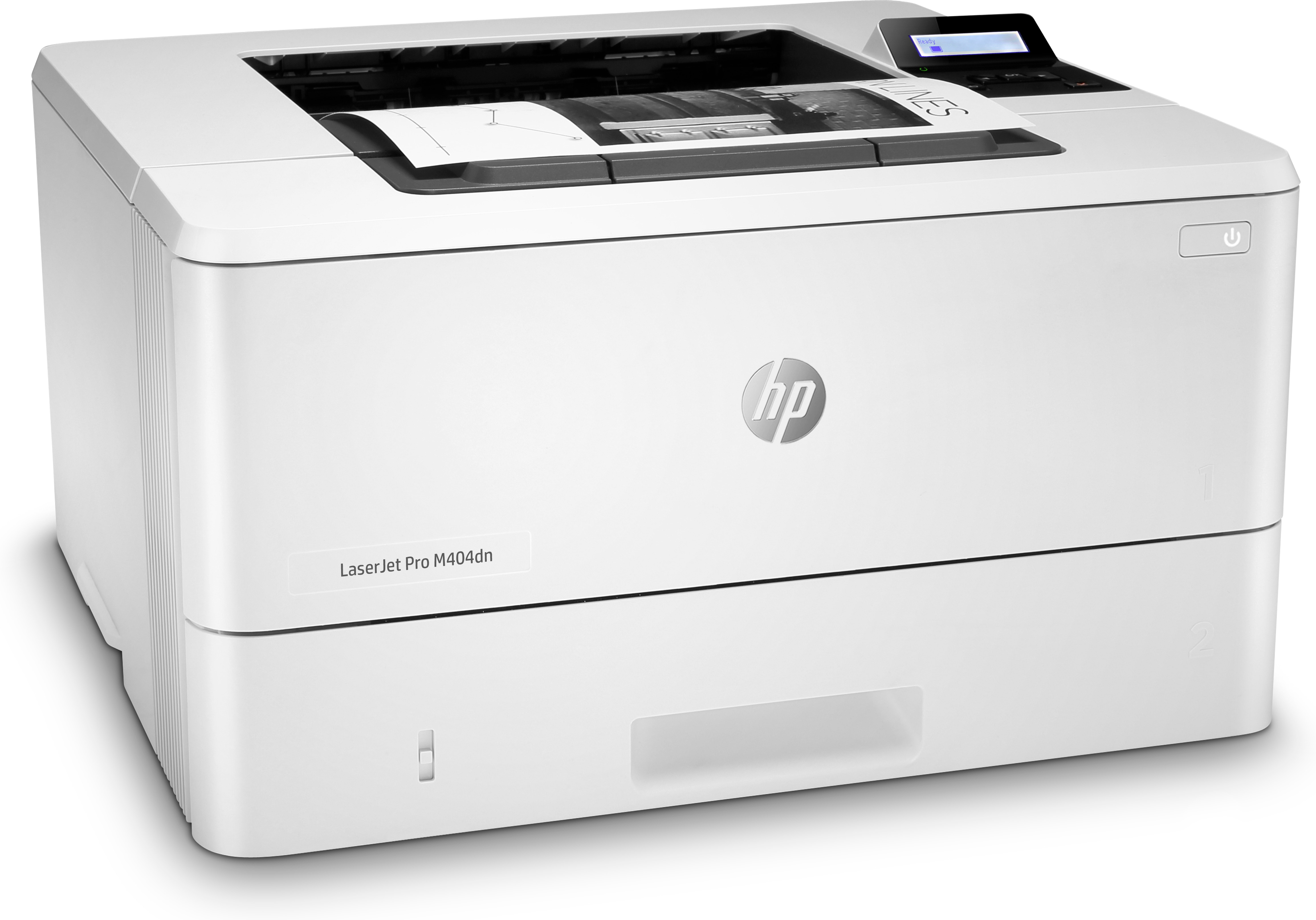 Weißer HP Laserjet Pro M404dn Drucker mit Papierschacht und HP-Logo. Weißer Hintergrund.