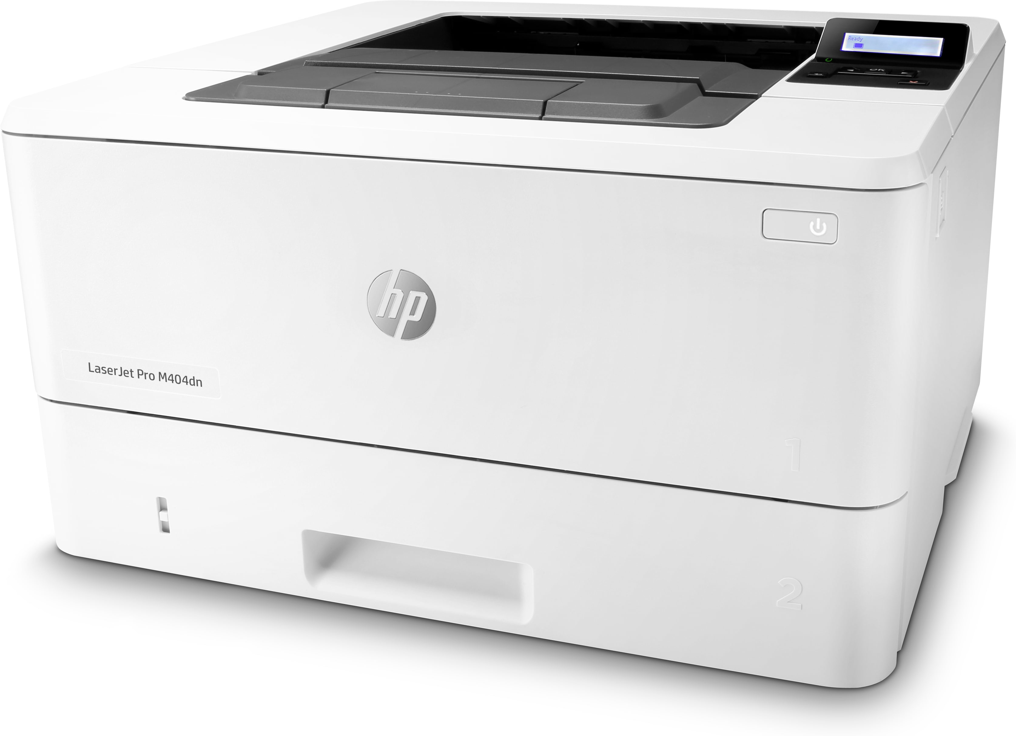 Weißer HP LaserJet Pro M404dn Drucker mit Ein-Aus-Taste und kleinem Display oben.
