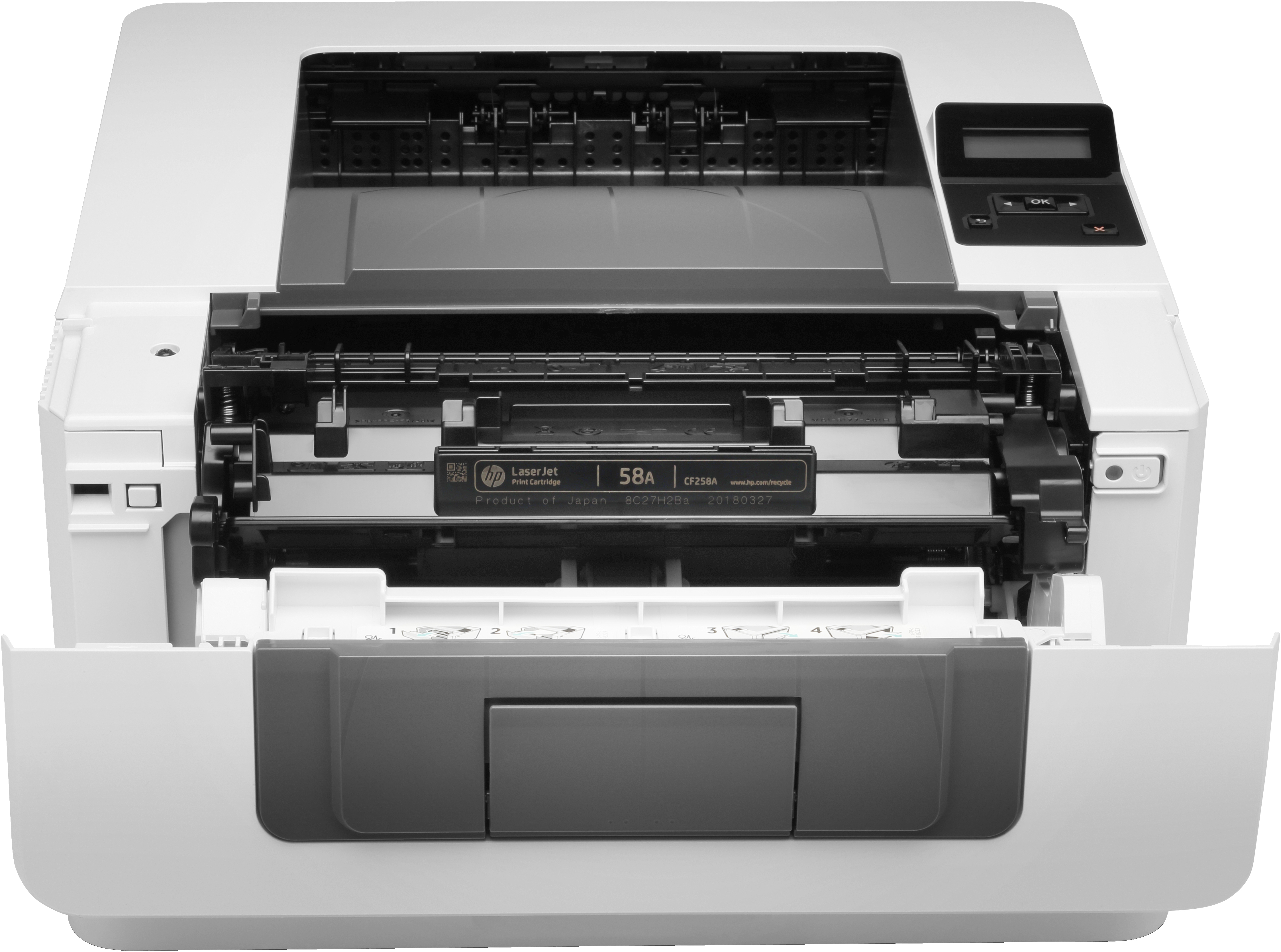 Ein weißer Laserdrucker. Das vordere Fach ist geöffnet. Eine schwarze Tintenpatrone ist sichtbar. Der Hintergrund ist weiß.