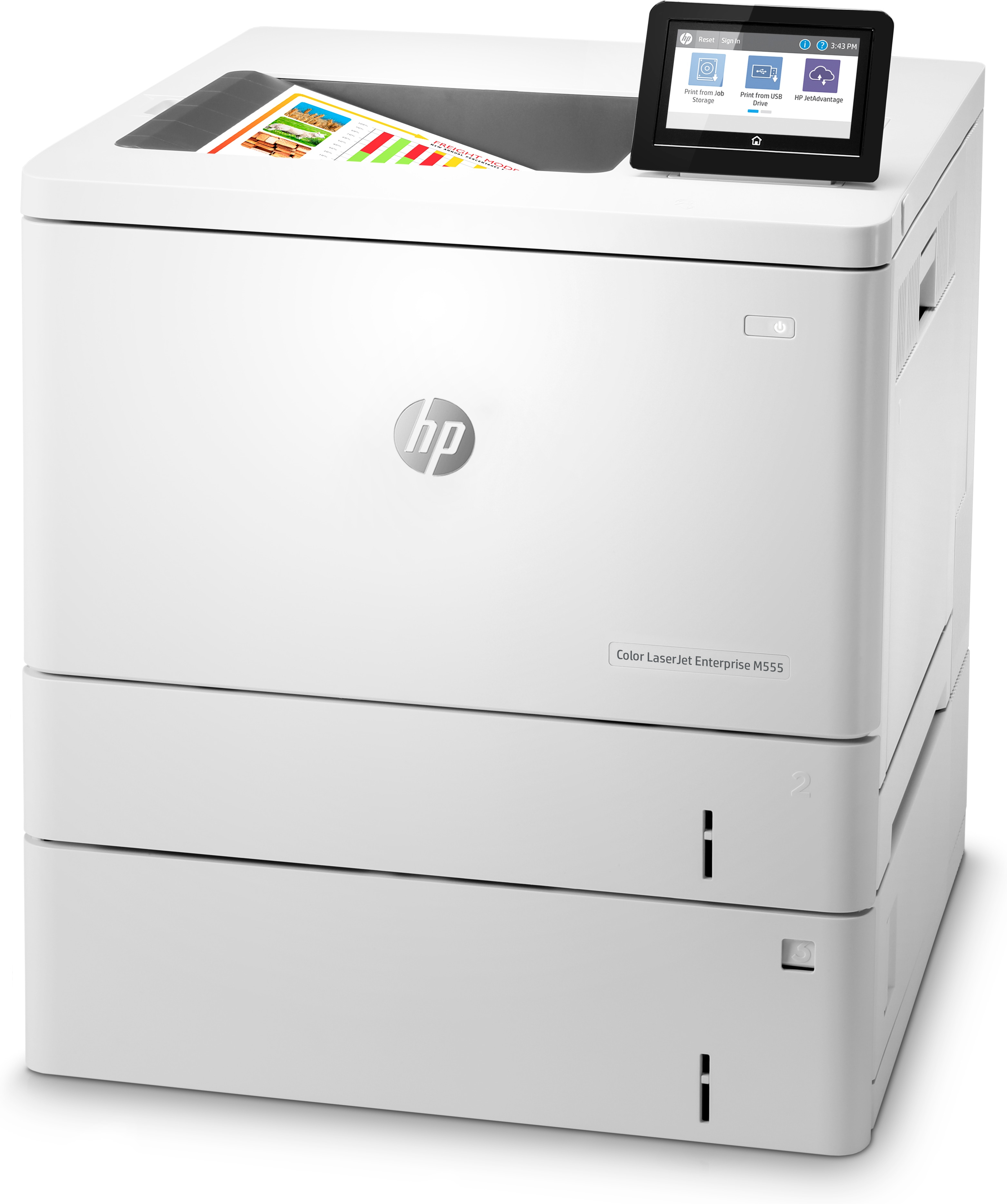 White HP Color LaserJet printer with a touchscreen display and a paper output tray.