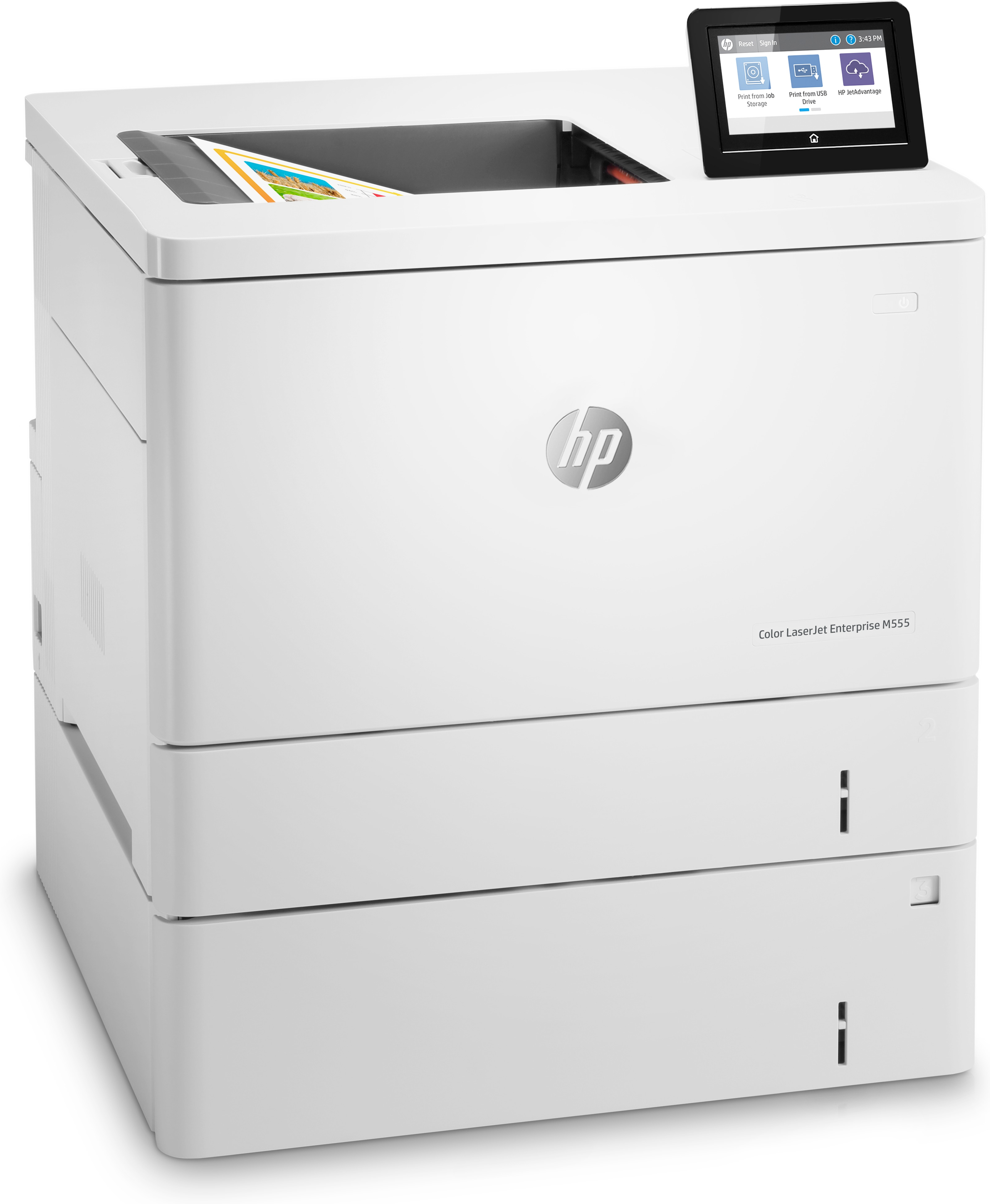White HP printer with a touch screen and two paper trays. The logo is displayed prominently.
