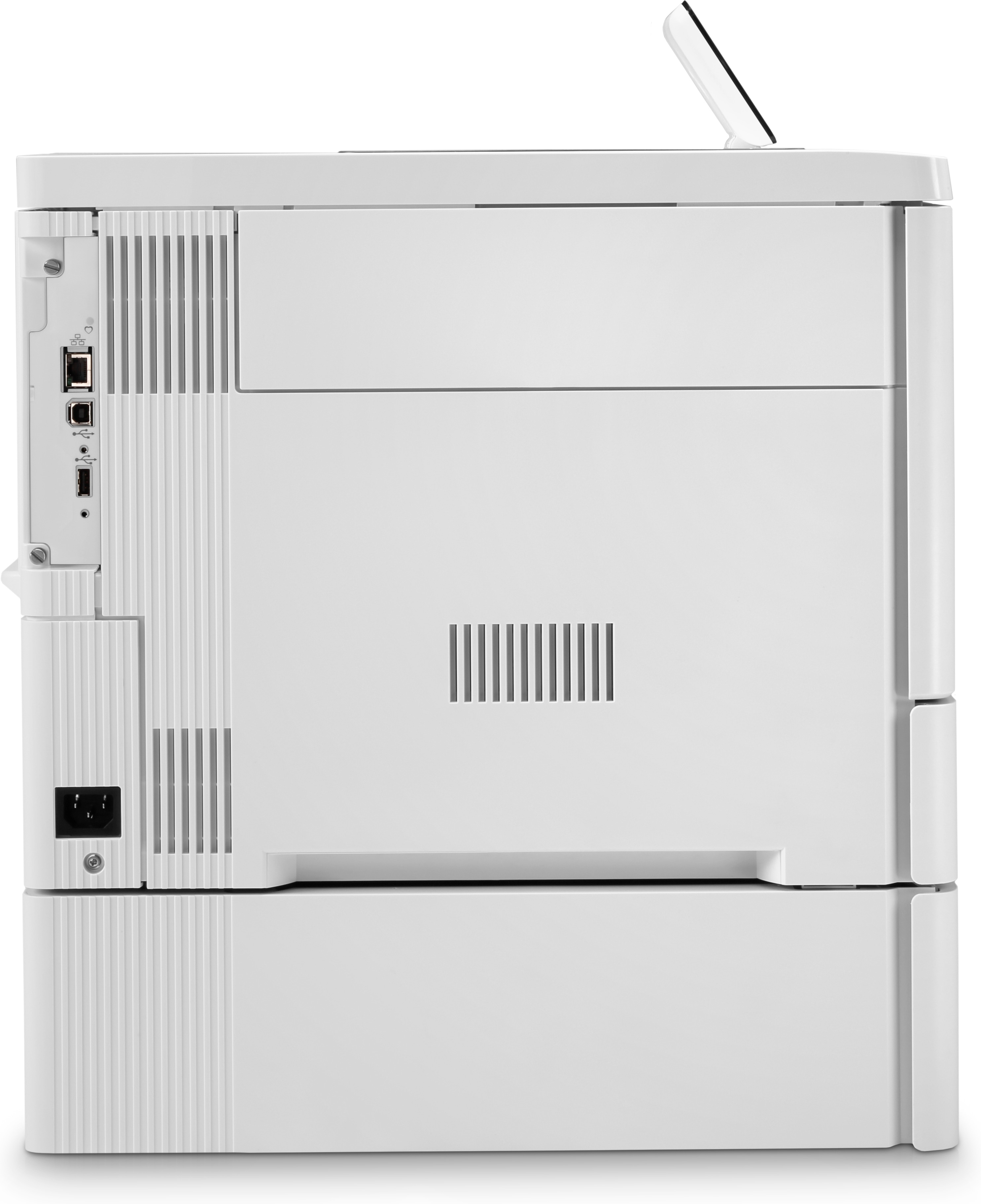 The back of a white printer with various ports, slots, and a power connector.
