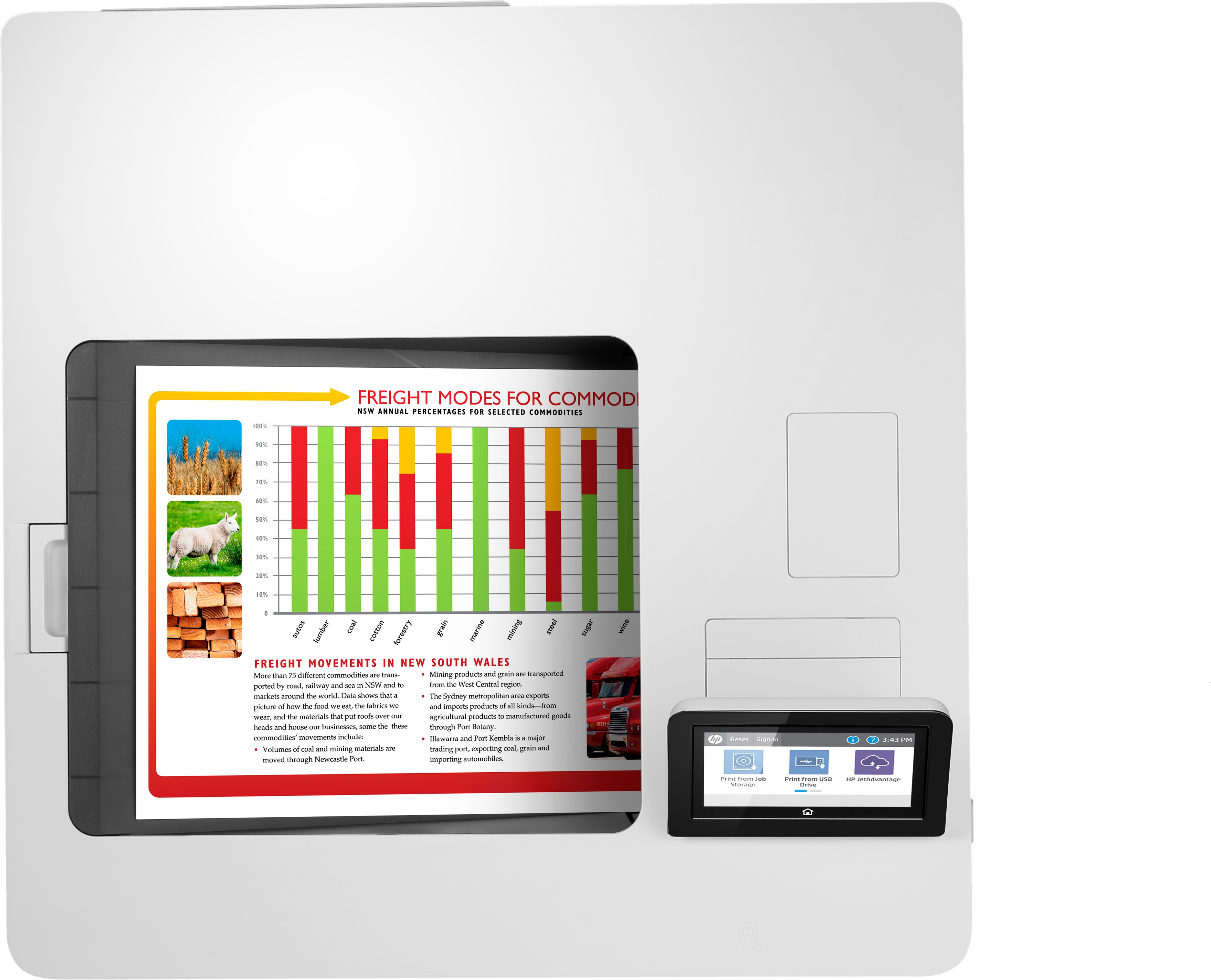 A printer showing a printed document with charts and graphs. Includes a touch screen.