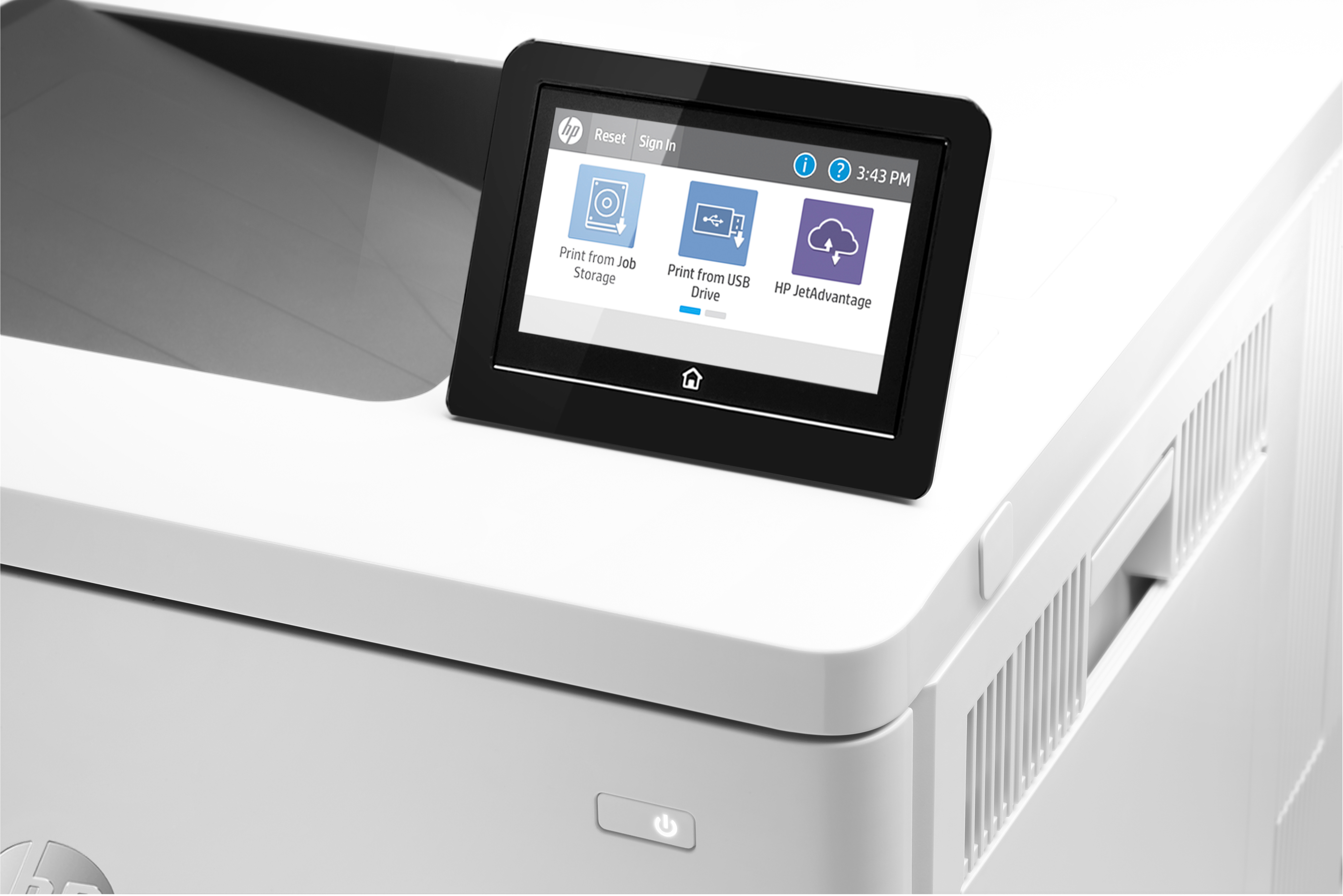 Close-up of a white printer with a black touchscreen. The screen displays several icons.