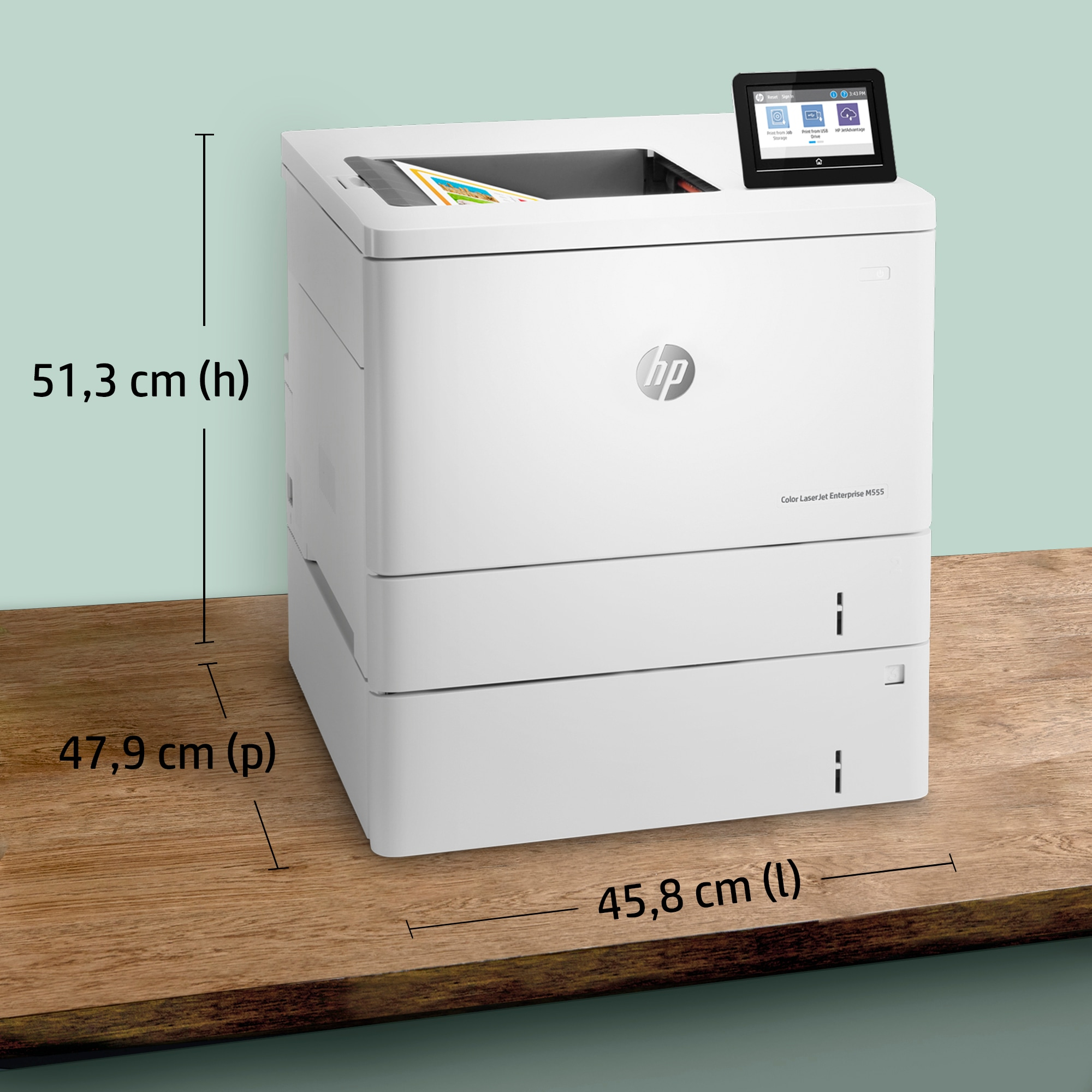 A white HP printer on a wood table, with dimensions labeled.  A small screen on top.