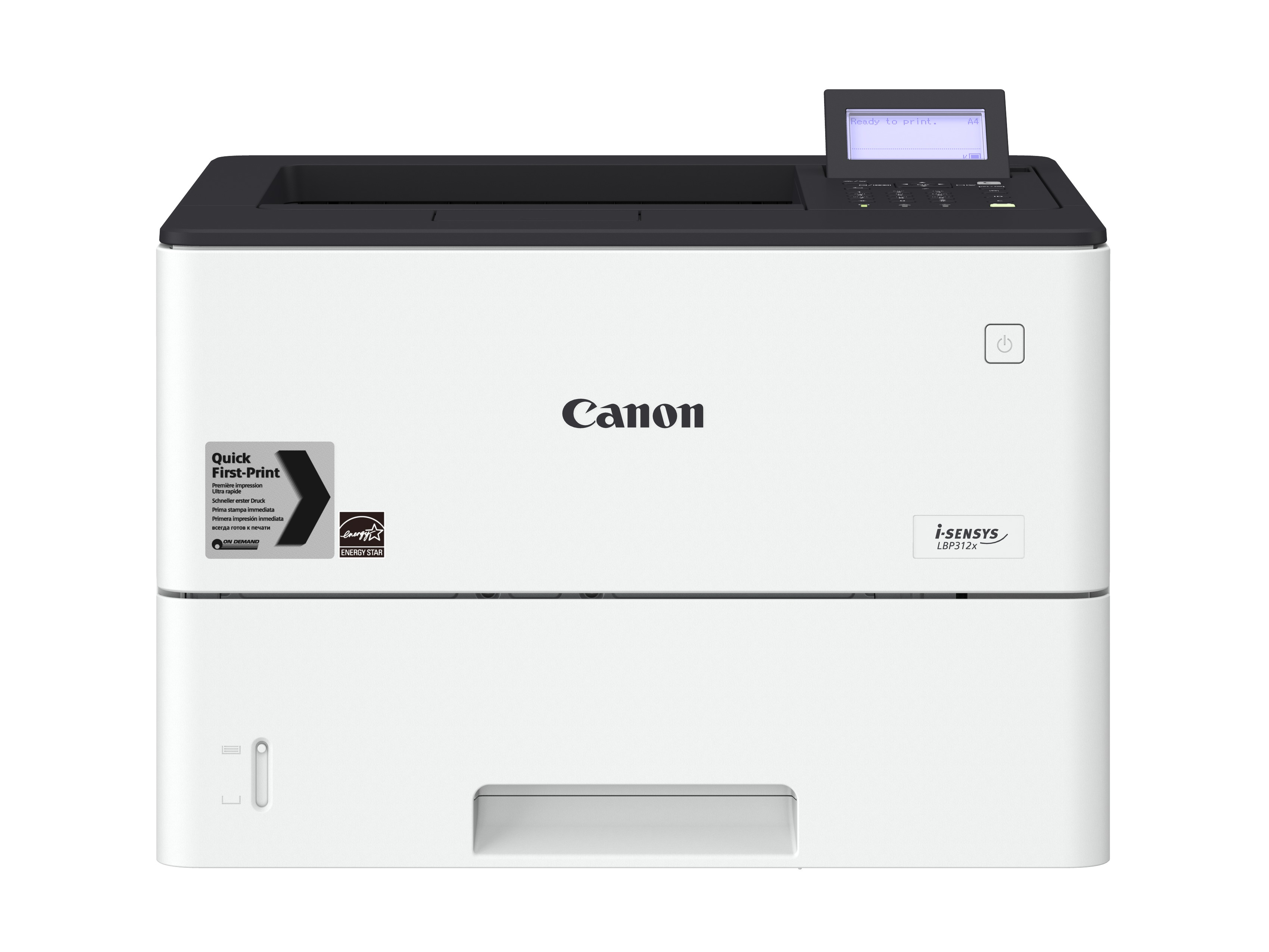 Stampante Canon bianca, con un piccolo display e pulsanti. Il logo Canon è visibile.