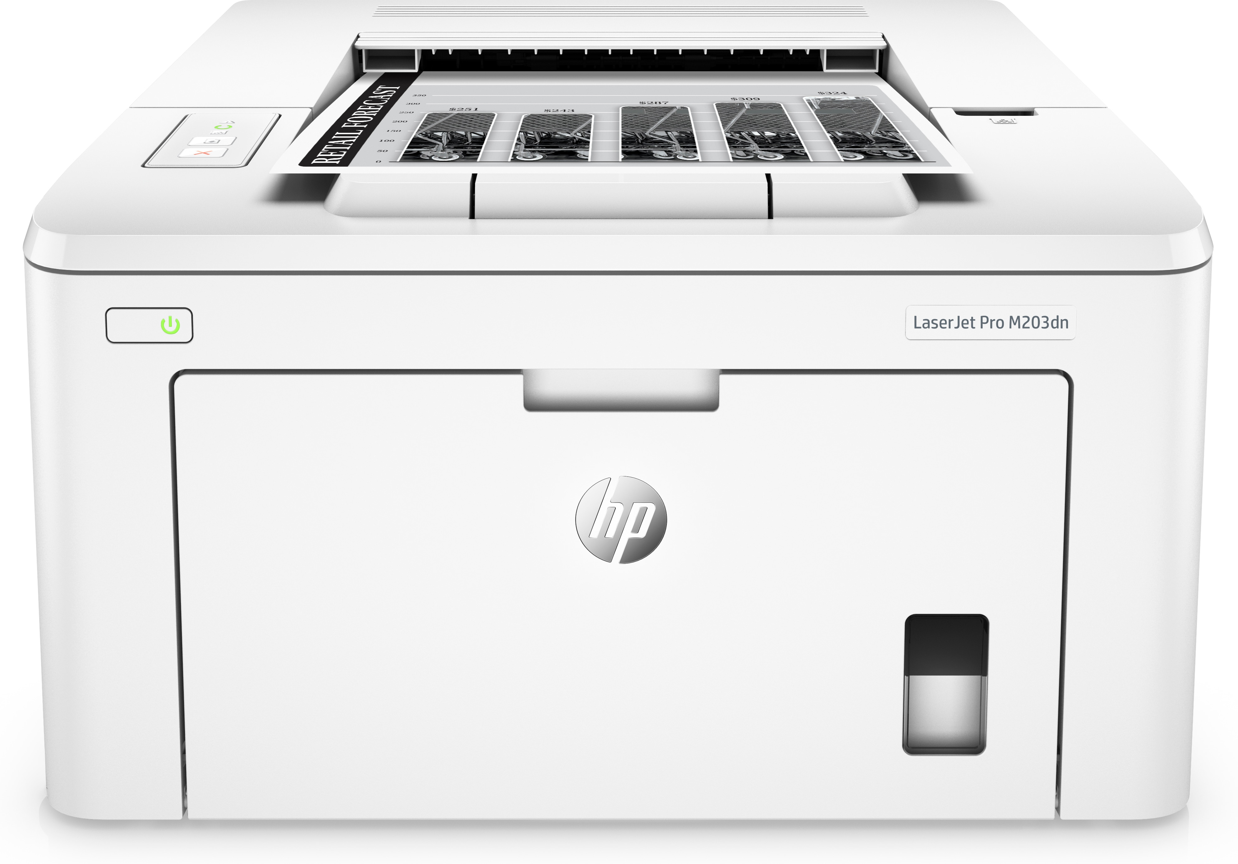 Biała drukarka HP LaserJet Pro M203dn z wydrukowaną stroną.