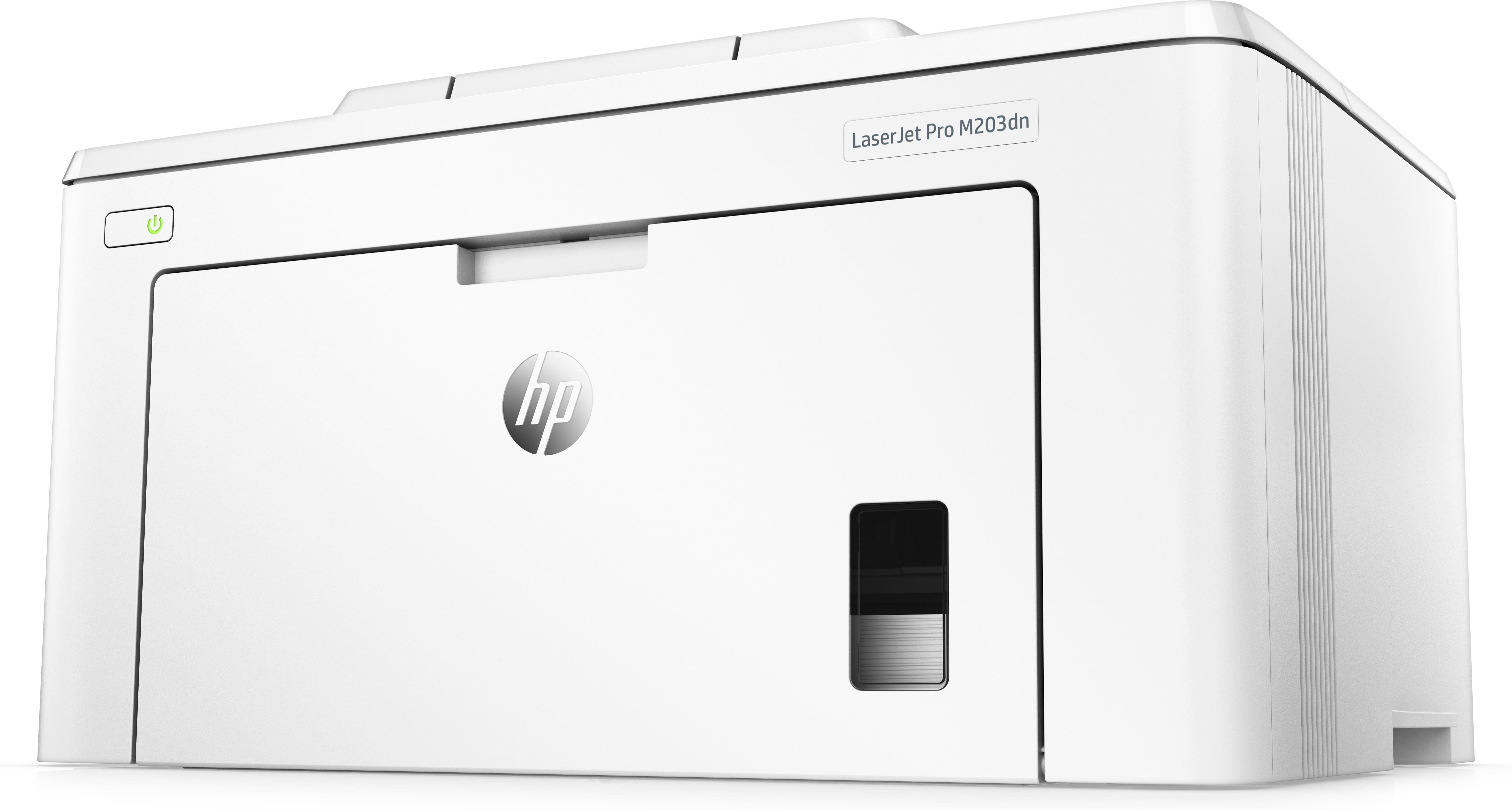Biała drukarka HP Laserjet Pro M203dn. Ma przycisk zasilania i podajnik papieru.