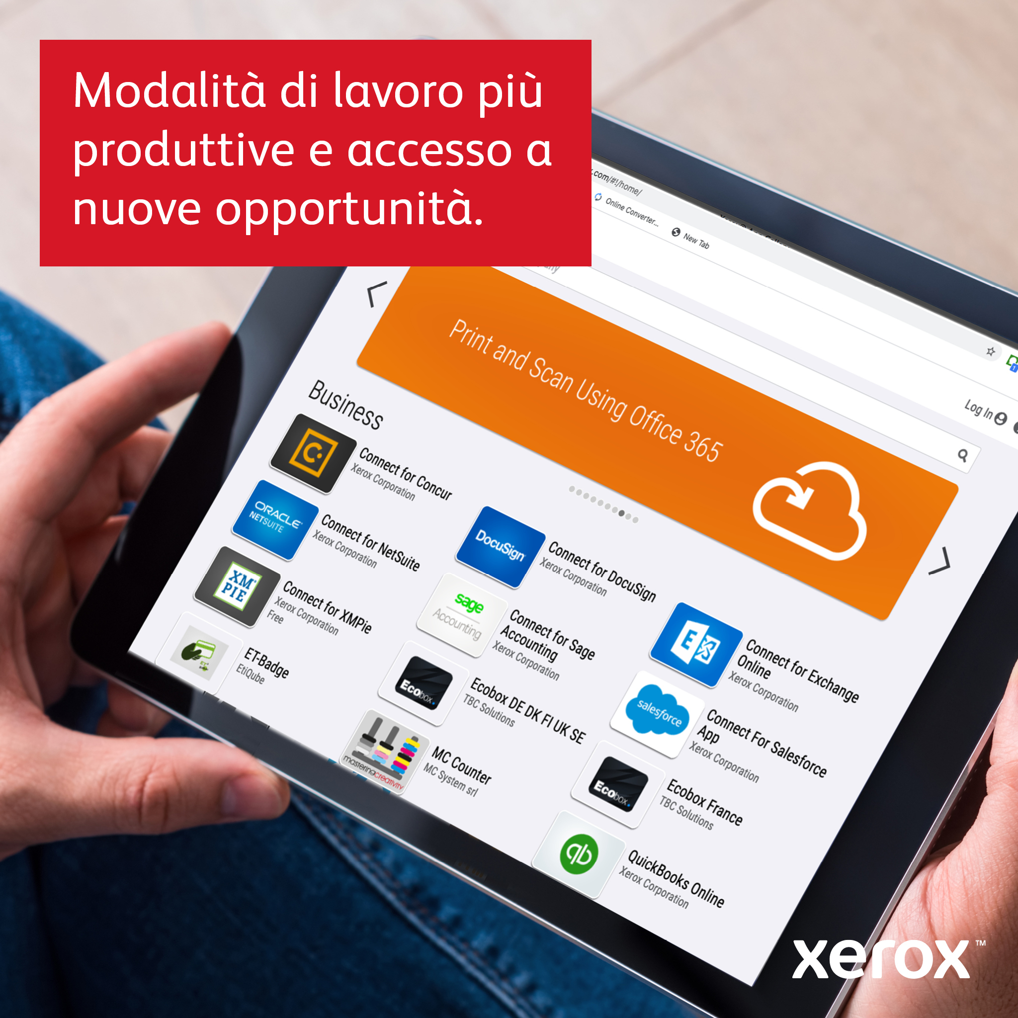 Una tableta que muestra varios iconos de aplicaciones empresariales, con superposición de texto en italiano y el logotipo de Xerox.