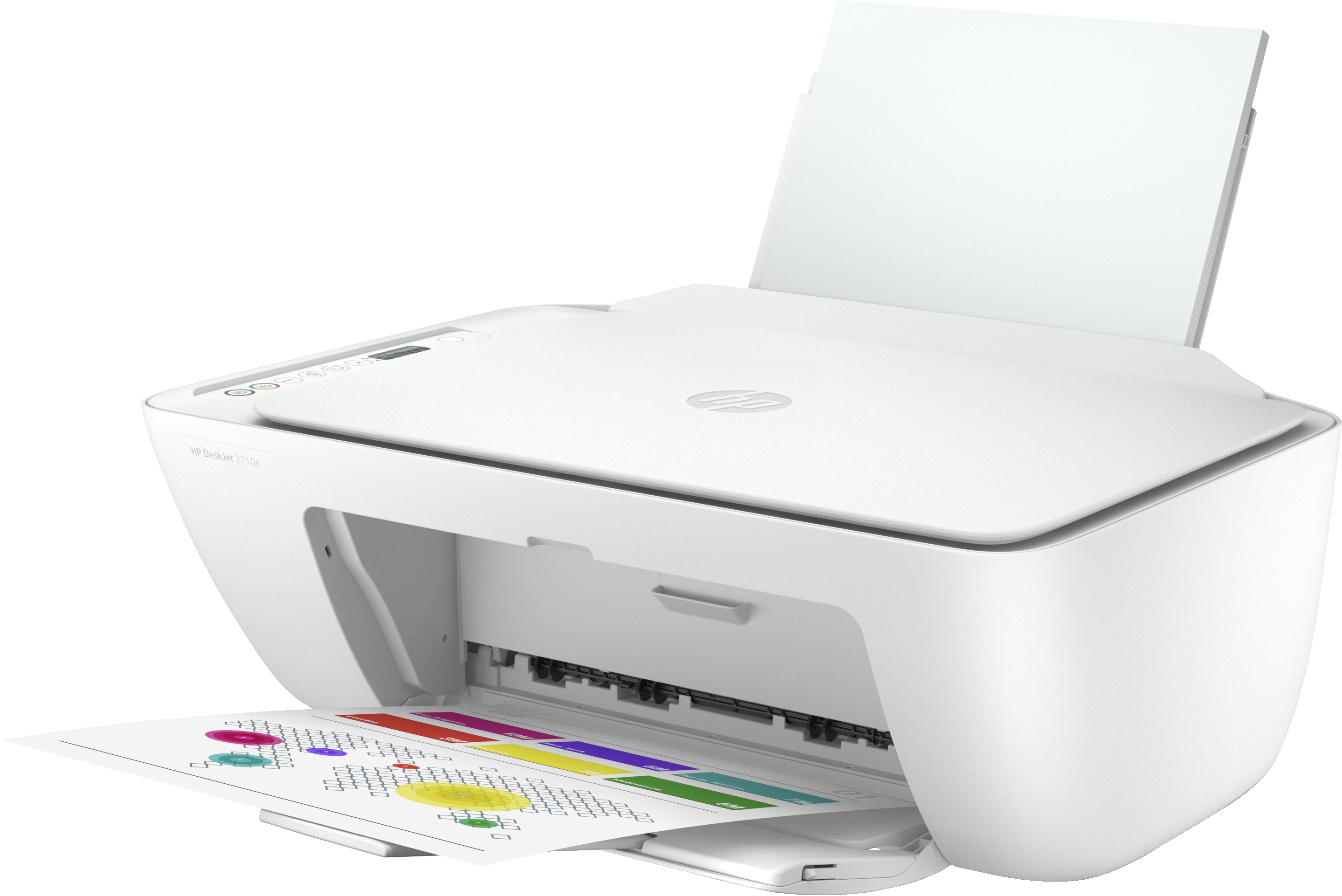 Impresora blanca HP DeskJet 2721e con salida de papel y tapa abierta. Presenta una impresión a color.