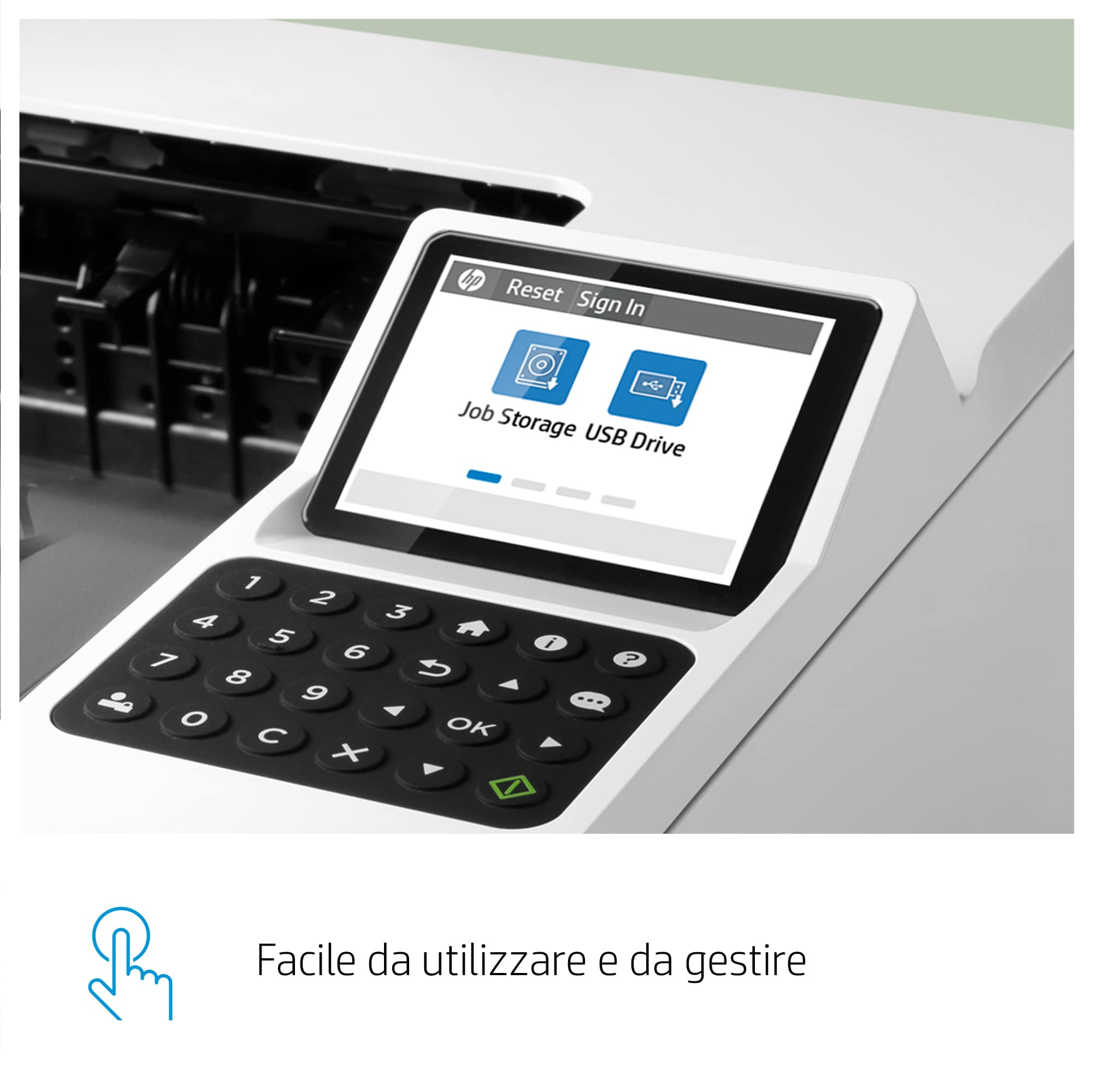 Pannello di controllo della stampante con touchscreen, pulsanti e display.