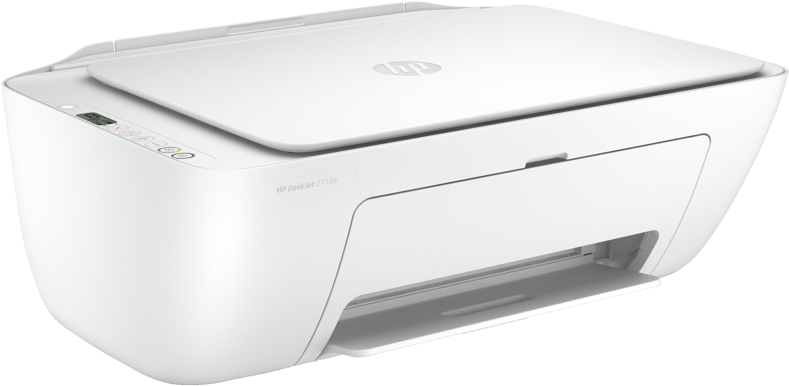 Una impresora blanca HP DeskJet 2710e, vista en ángulo, mostrando la parte superior y frontal.