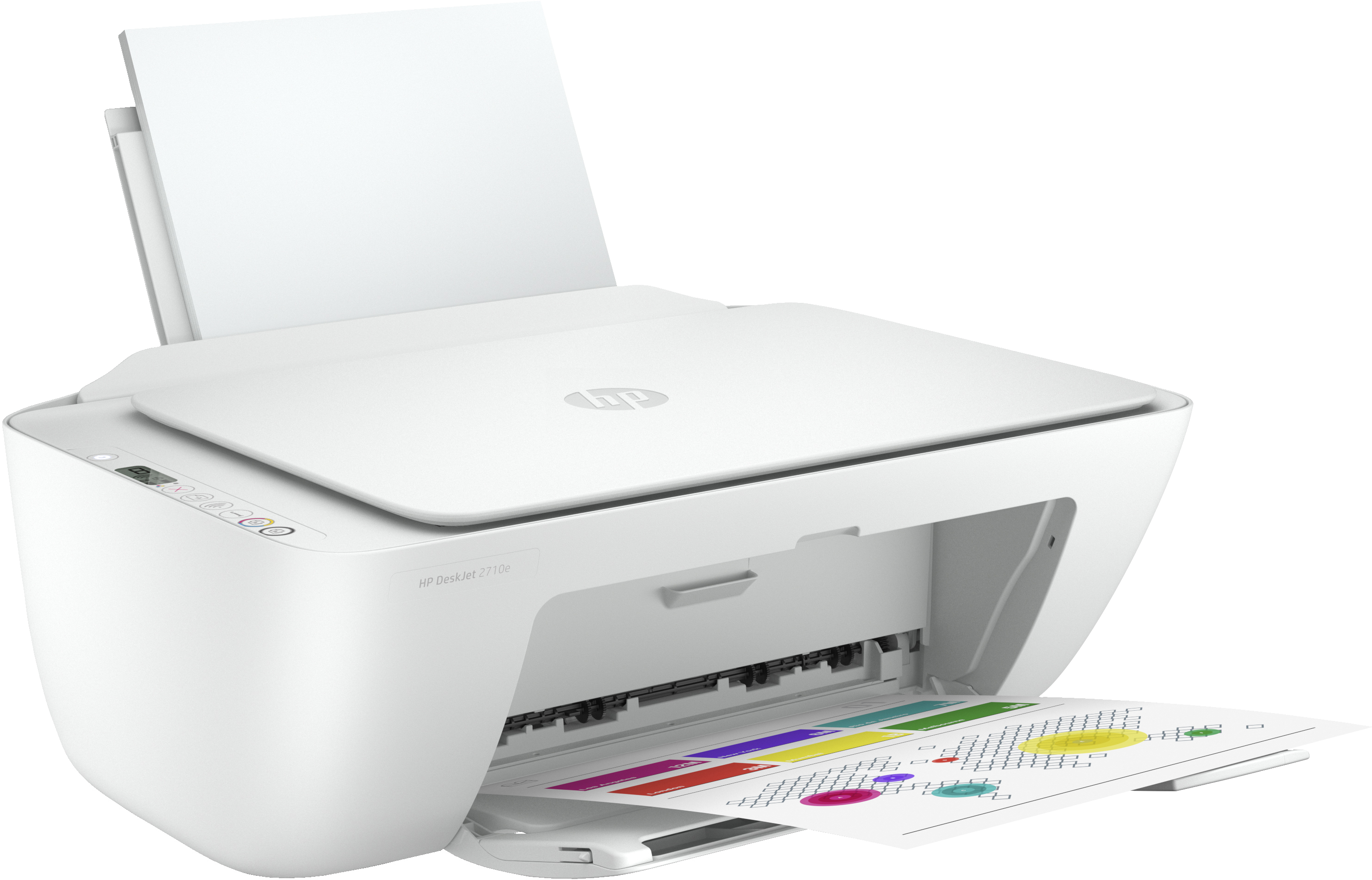 Una impresora HP DeskJet 2710e blanca. Tiene una bandeja de salida de papel y una parte superior abierta.