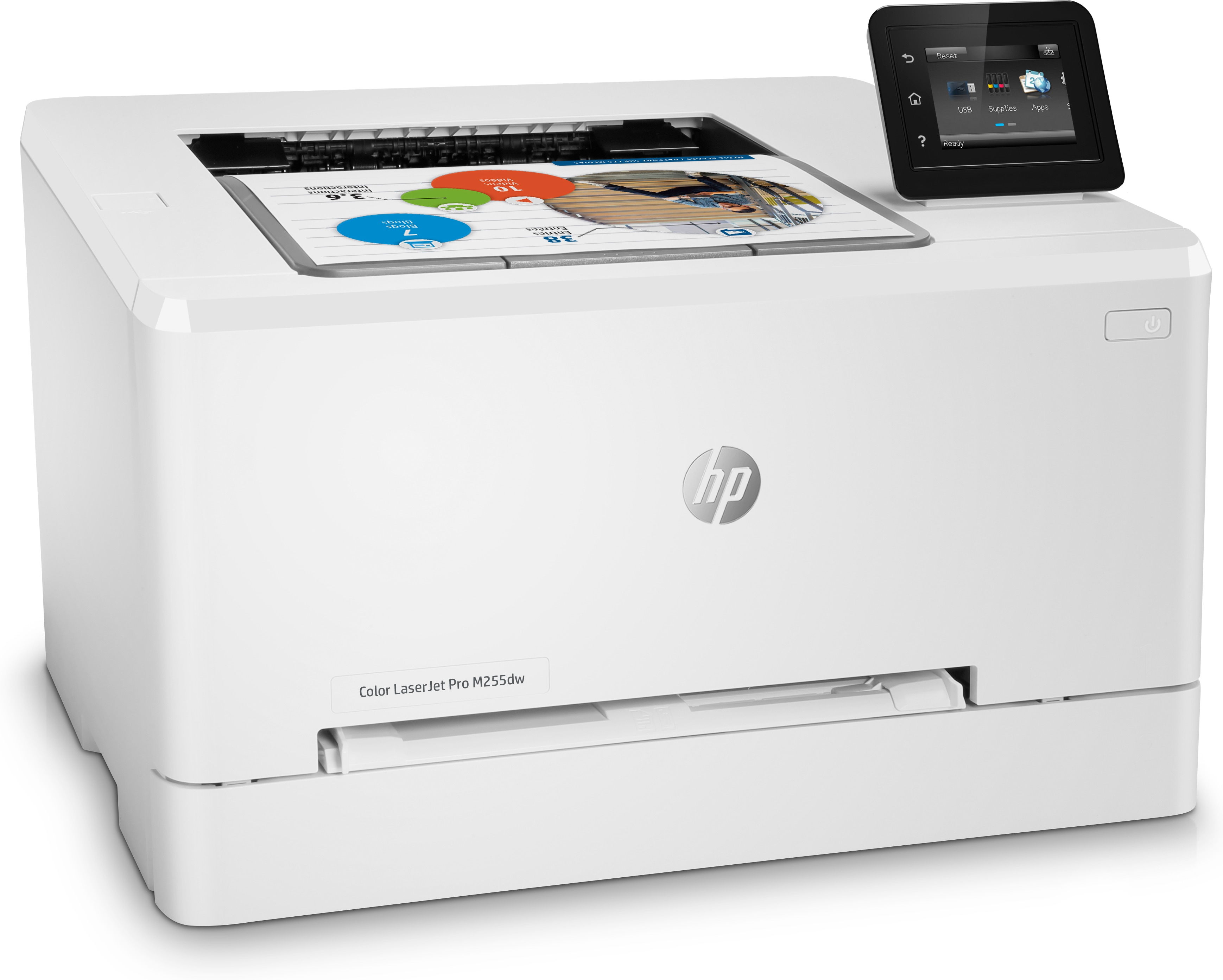 Impresora blanca con pantalla y bandeja de salida de papel.