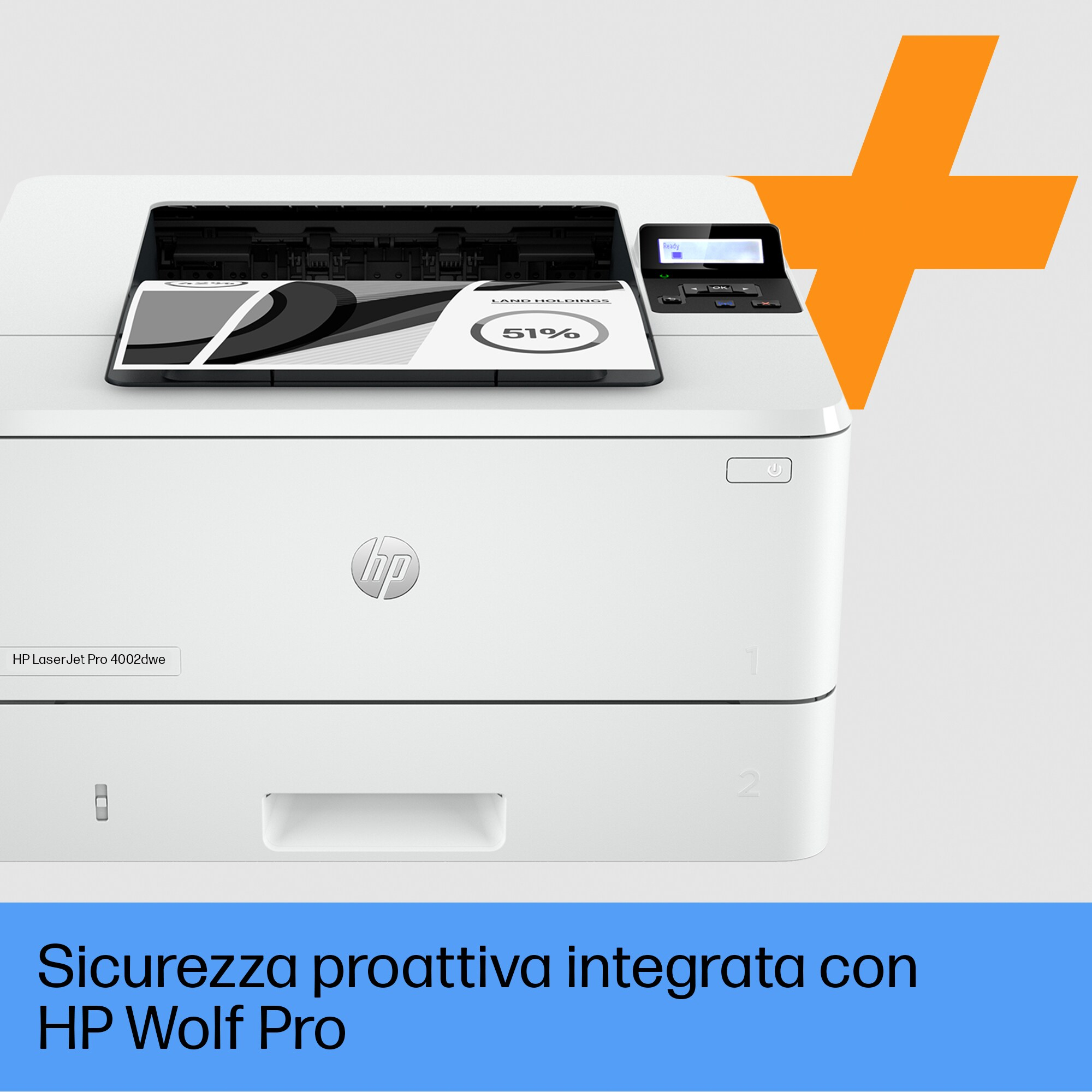 Impresora blanca con papel y logotipo, una cruz naranja en la esquina.