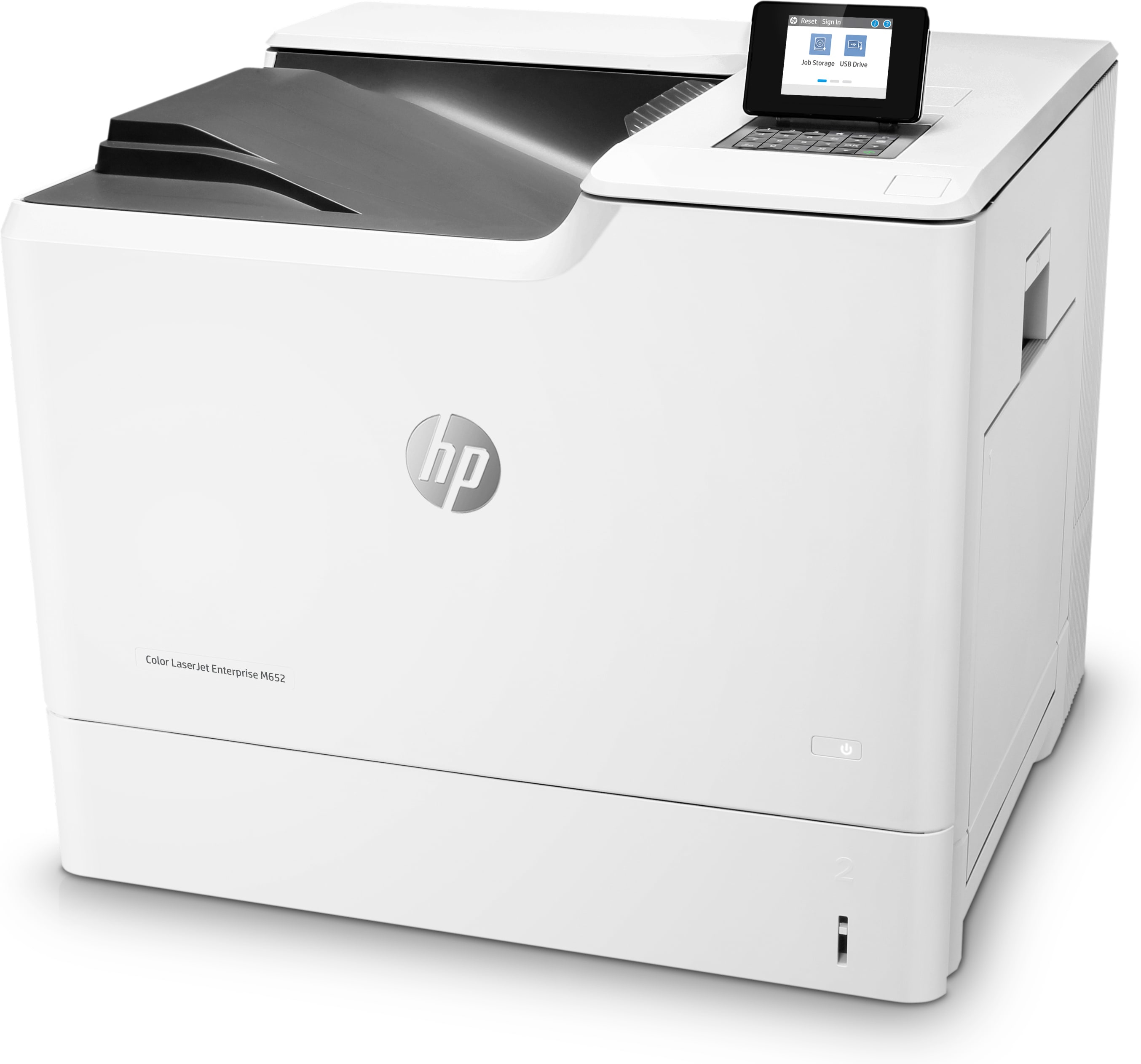 Witte HP-printer met een klein scherm. Het heeft het HP-logo.