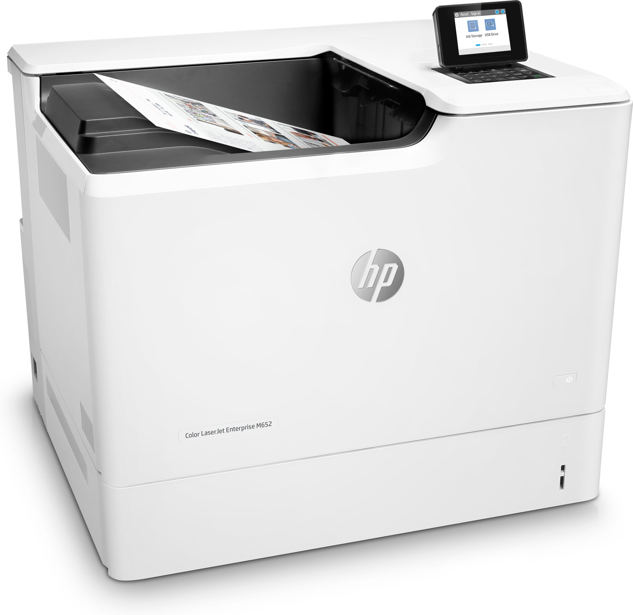 Witte HP Color LaserJet printer met een klein scherm en een papierlade. Er ligt een pagina in.
