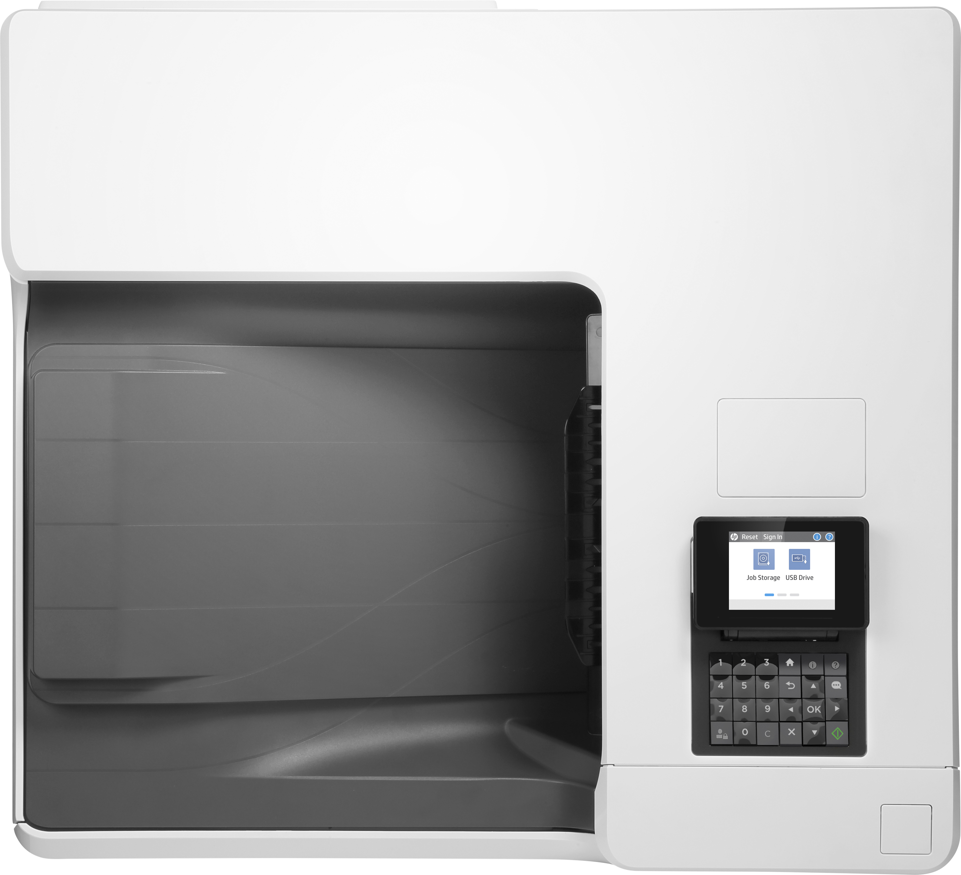 Een witte printer van bovenaf, met de interne componenten en een klein scherm.