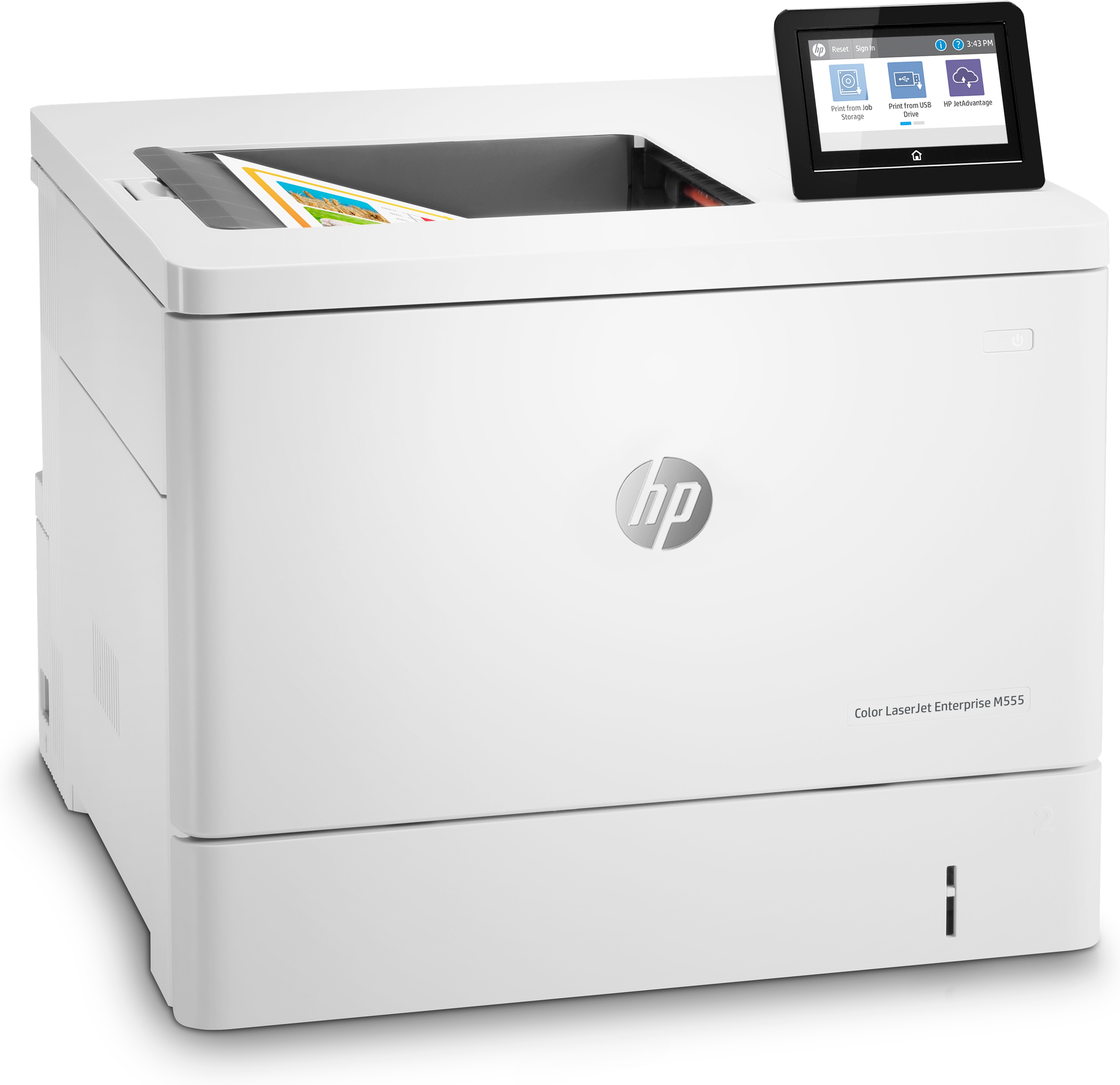 Stampante HP Color LaserJet Enterprise M555 bianca con display touchscreen.