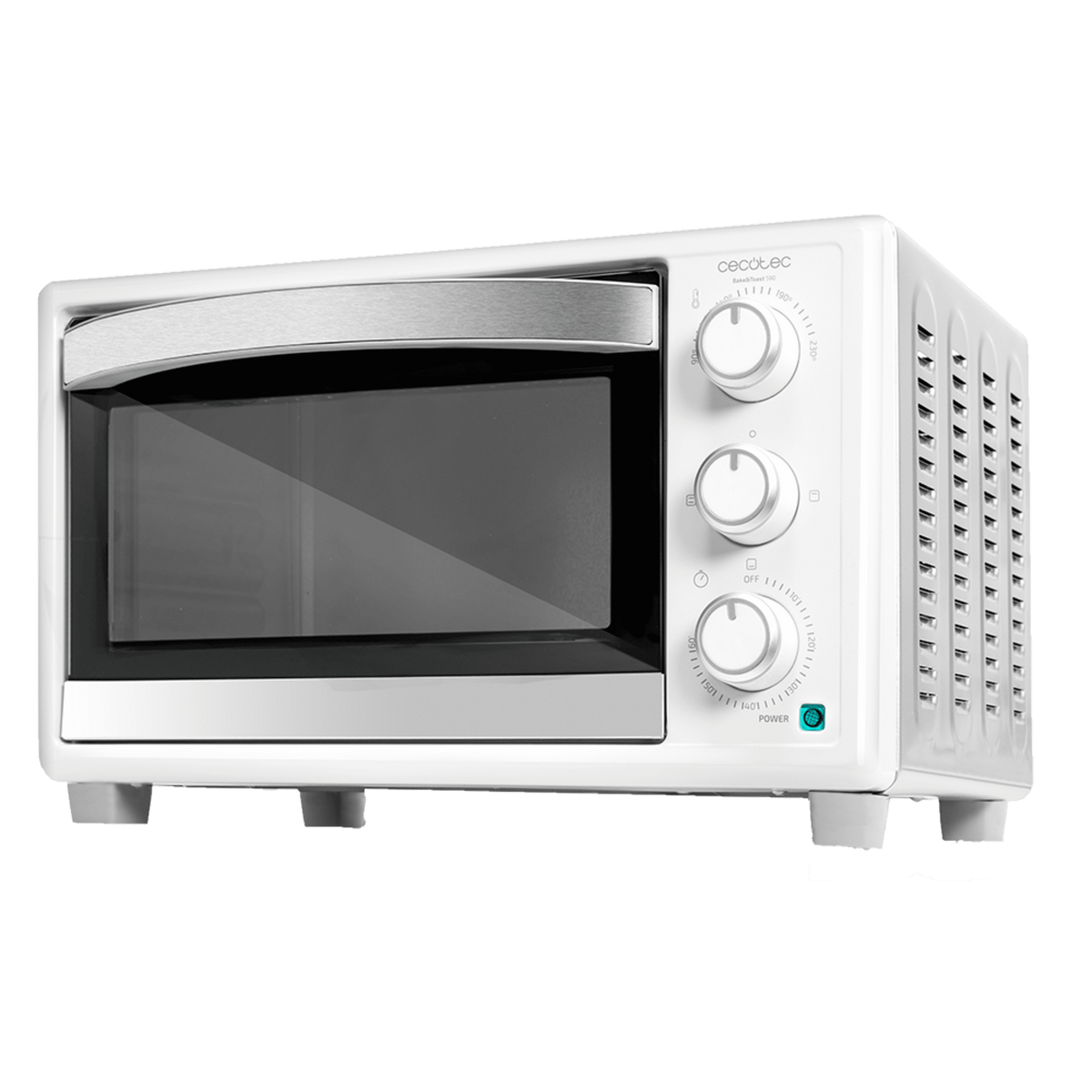 Biały piekarnik kompaktowy z trzema pokrętłami i uchwytem. Ma szklane drzwi i stoi na czarnej powierzchni.