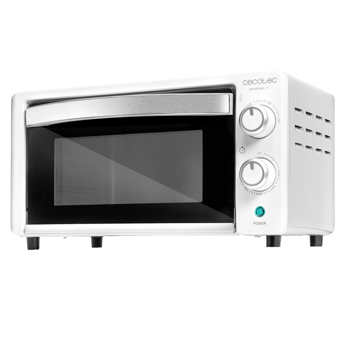Een witte Cecotec mini-oven met draaiknoppen en een handvat, op een zwart oppervlak.