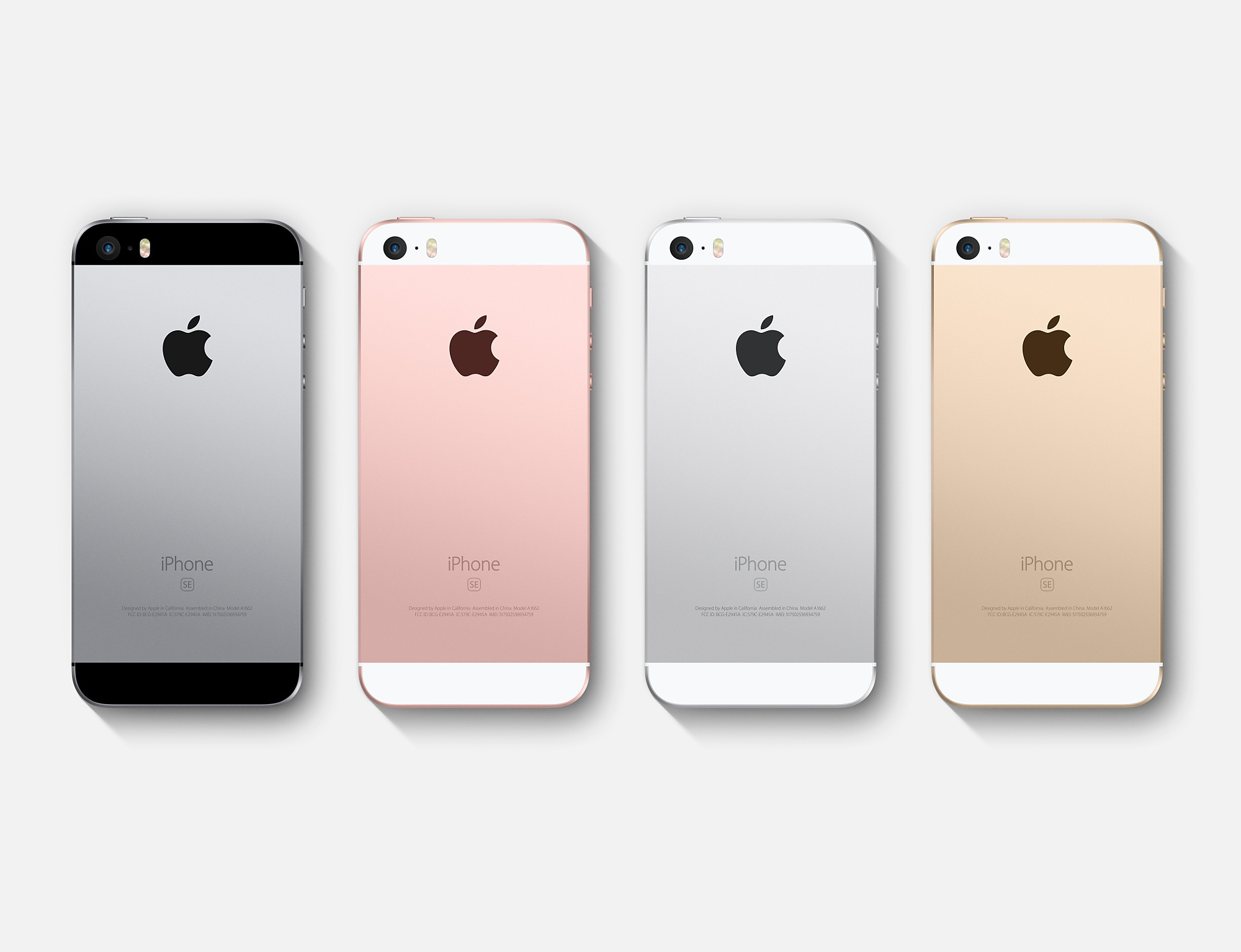 Quattro iPhone SE di diversi colori: argento, rosa, argento e oro, tutti su sfondo bianco.